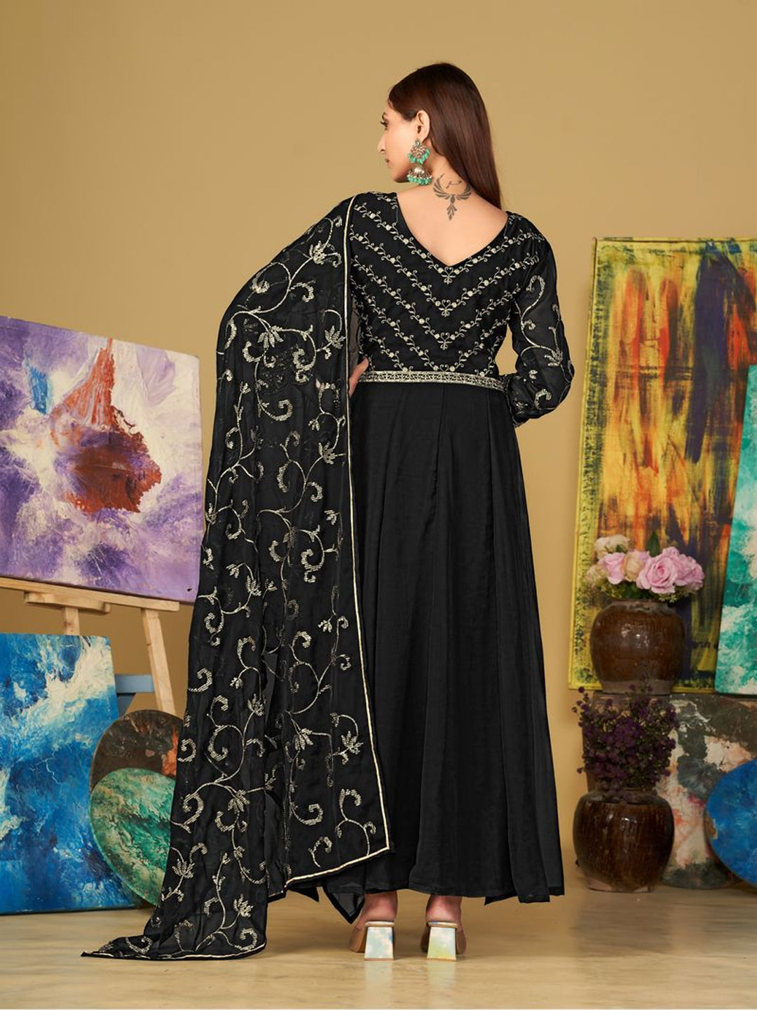 Elegant Black Designer Semi-Stitched Anarkali Dress with Intricate Embroidery - Perfect for Weddings, Parties & Special Occasions