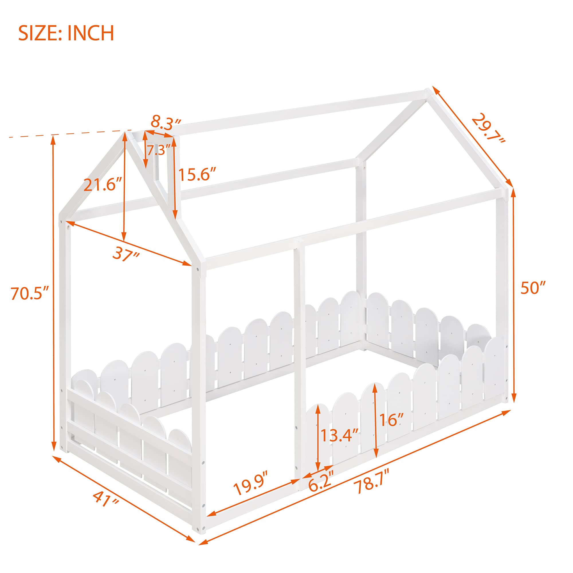 LZ LEISURE ZONE Twin House Bed Frame - Wooden Low Profile Floor Bed with Roof & Fence - White Twin Size Kids Bed for Playroom, Nursery or Bedroom - Perfect Montessori Style Toddler Bed for Safe Sleep & Play