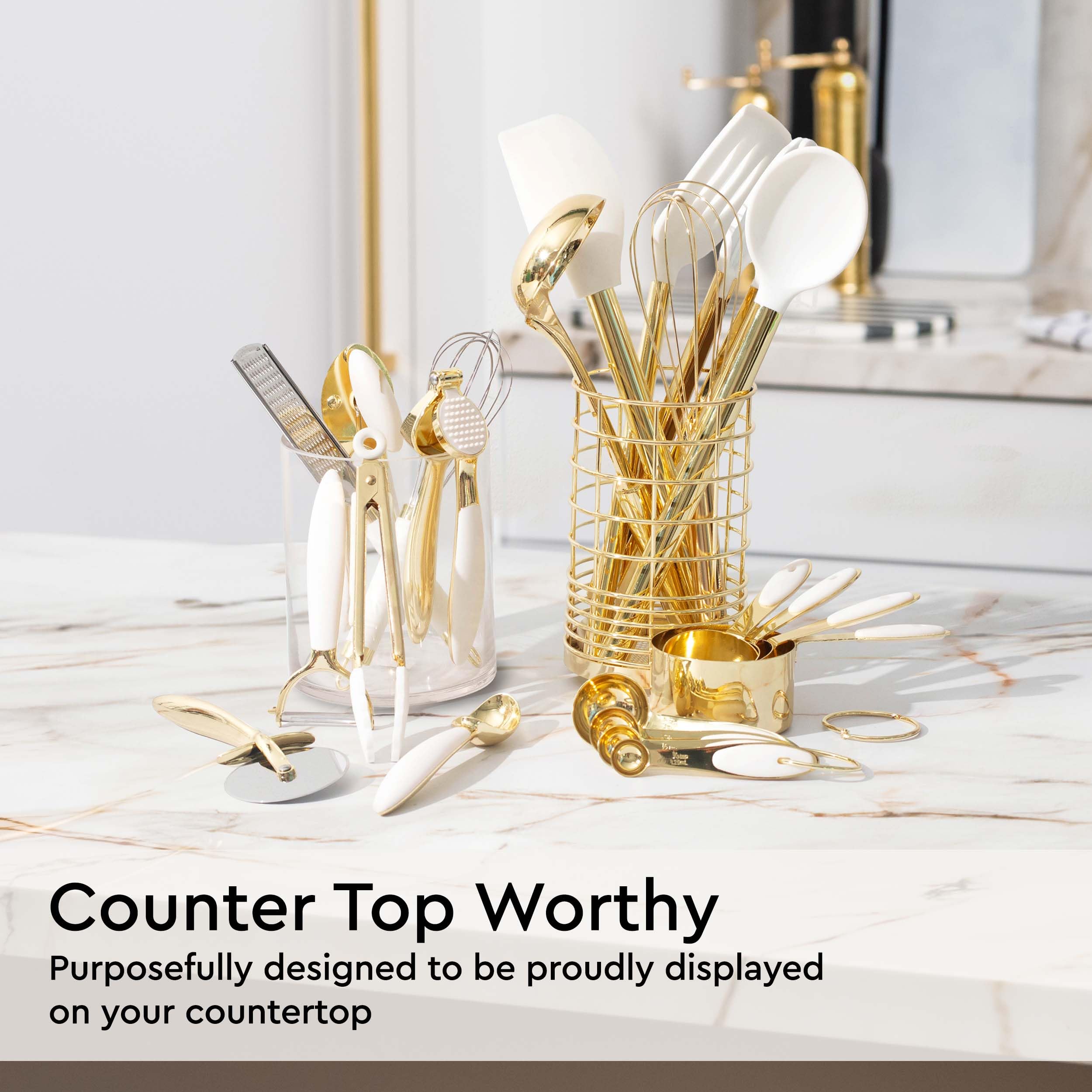 Premium 23-Piece White & Gold Kitchen Utensil Set - Includes Measuring Cups, Spoons, Silicone Cooking Tools & Utensil Holder - Perfect for Baking, Cooking & Modern Kitchen Decor - Ideal Gift for Home Chefs & Housewarming Parties