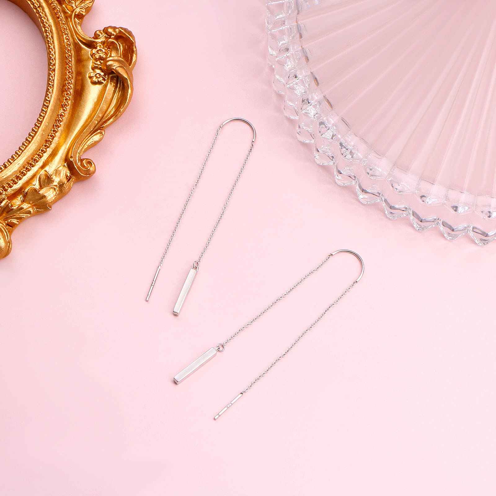 Triangle Threader Earrings for Women - Sterling Silver with Created Opal Dangle Drop Chain | Elegant Long Thread Earrings for Parties, Weddings & Everyday Wear