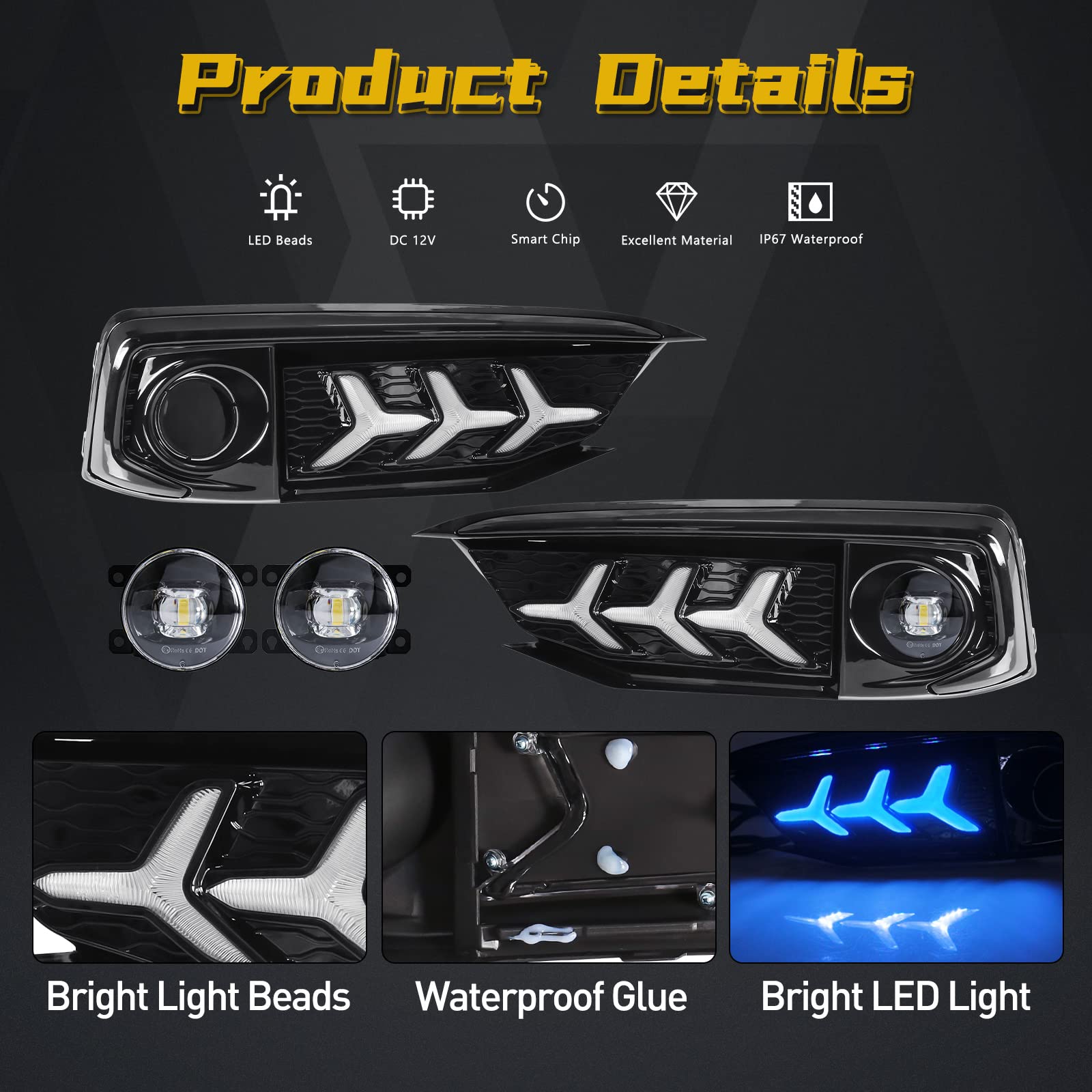 2019-2020 Honda Civic LED Daytime Running Lights (DRL) & Tri-Color Fog Lights Kit with Wiring Harness - Upgrade Front Lighting for Enhanced Visibility & Style
