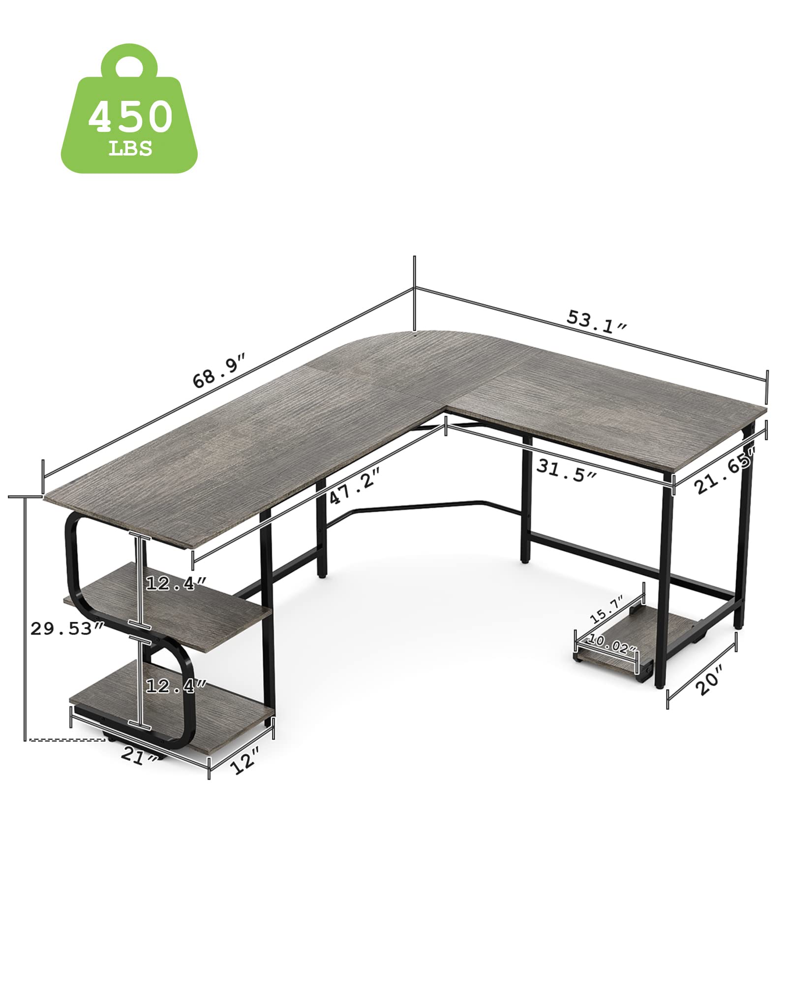 Teraves 69 Inch Reversible L-Shaped Desk with Large Surface & Storage Shelves - Sturdy Corner Computer Desk for Home Office, Gaming & Workstation | Perfect for Small Spaces & Multi-Monitor Setups
