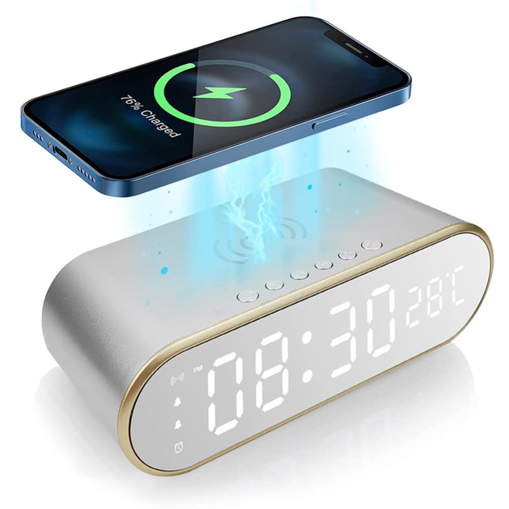 15W Fast Wireless Charging Digital Alarm Clock with LED Display, Adjustable Brightness & Built-in Thermometer - Modern Mirror Design for Bedroom, Living Room, Office & Nightstand Use