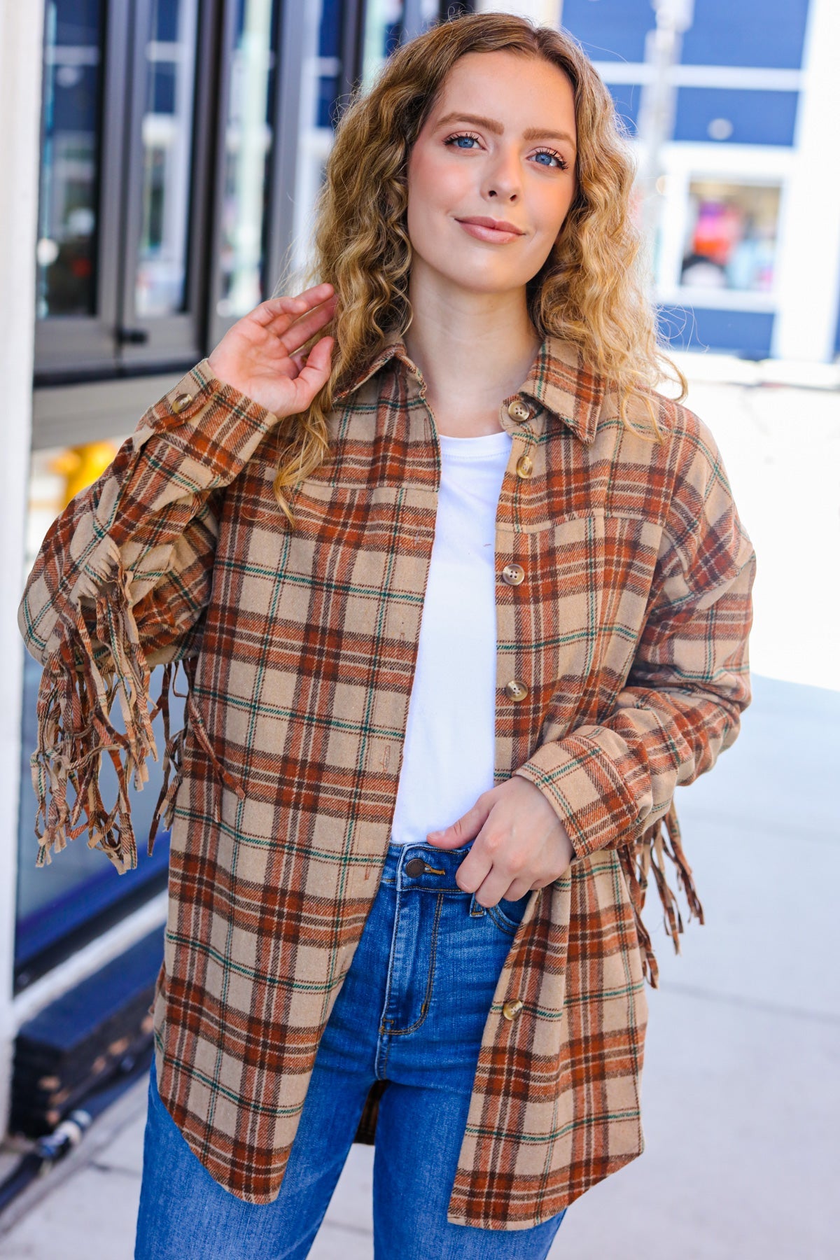 Stylish Taupe & Rust Flannel Plaid Fringe Jacket for Women - Cozy Fall Winter Layering Essential | Perfect for Outdoor Adventures, Casual Outings & Date Nights