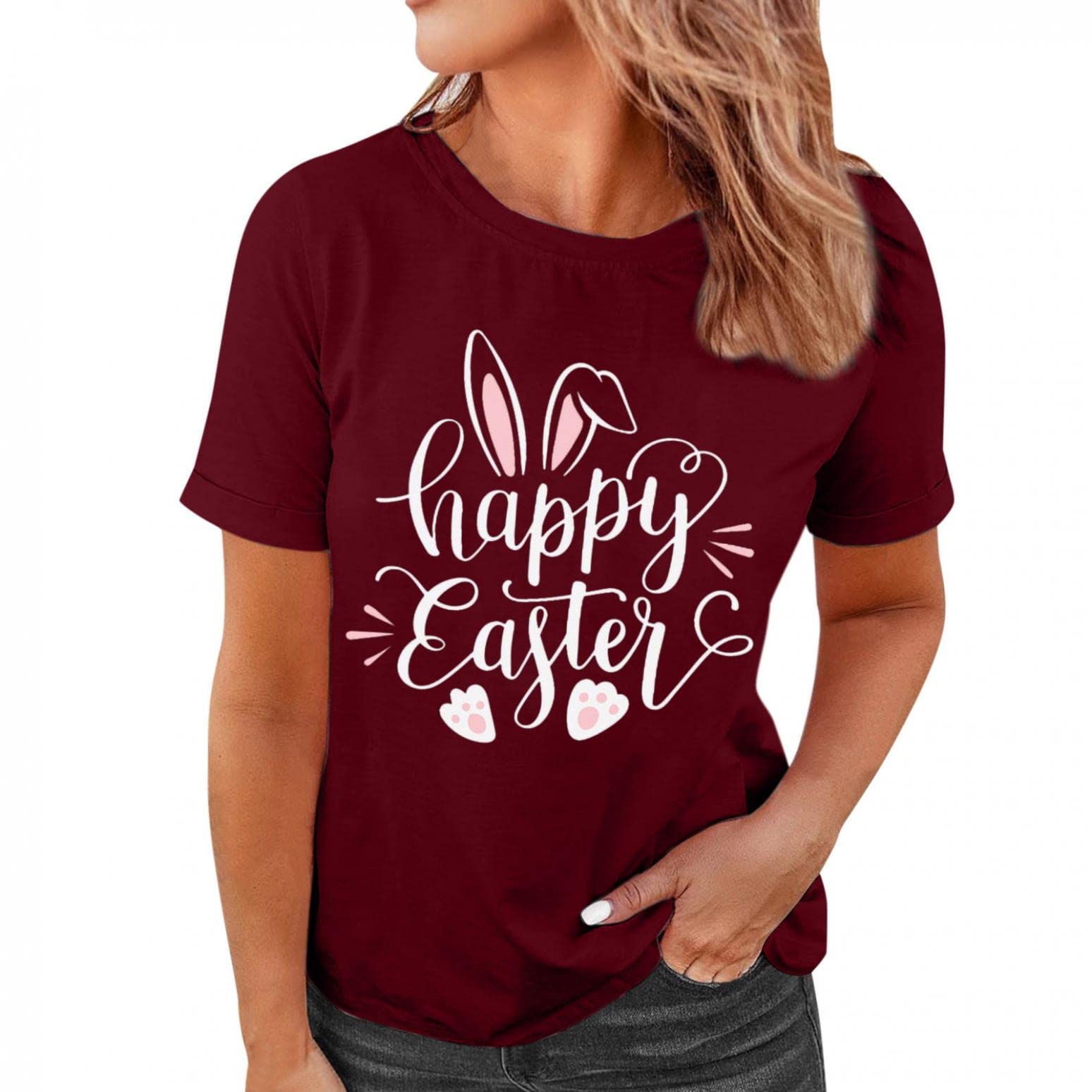 Women's Casual Loose Fit Graphic Tee - Cute Rabbit Print Short Sleeve Blouse for Summer | Comfortable T-Shirt to Pair with Leggings | Perfect for Easter, Everyday Wear & Casual Outings