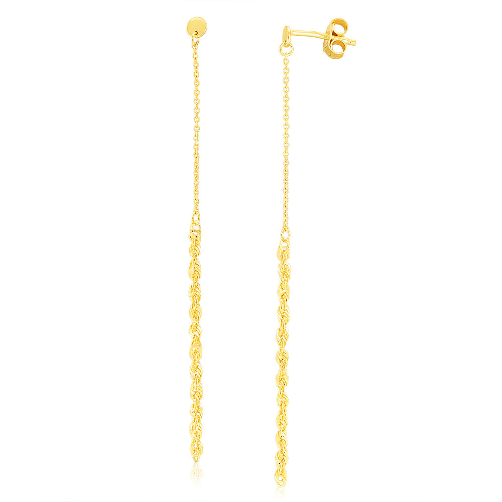 9ct Yellow Gold 2mm Rope & Trace Chain Drop Earrings for Women - Elegant Dangling Jewelry for Parties, Weddings & Special Occasions