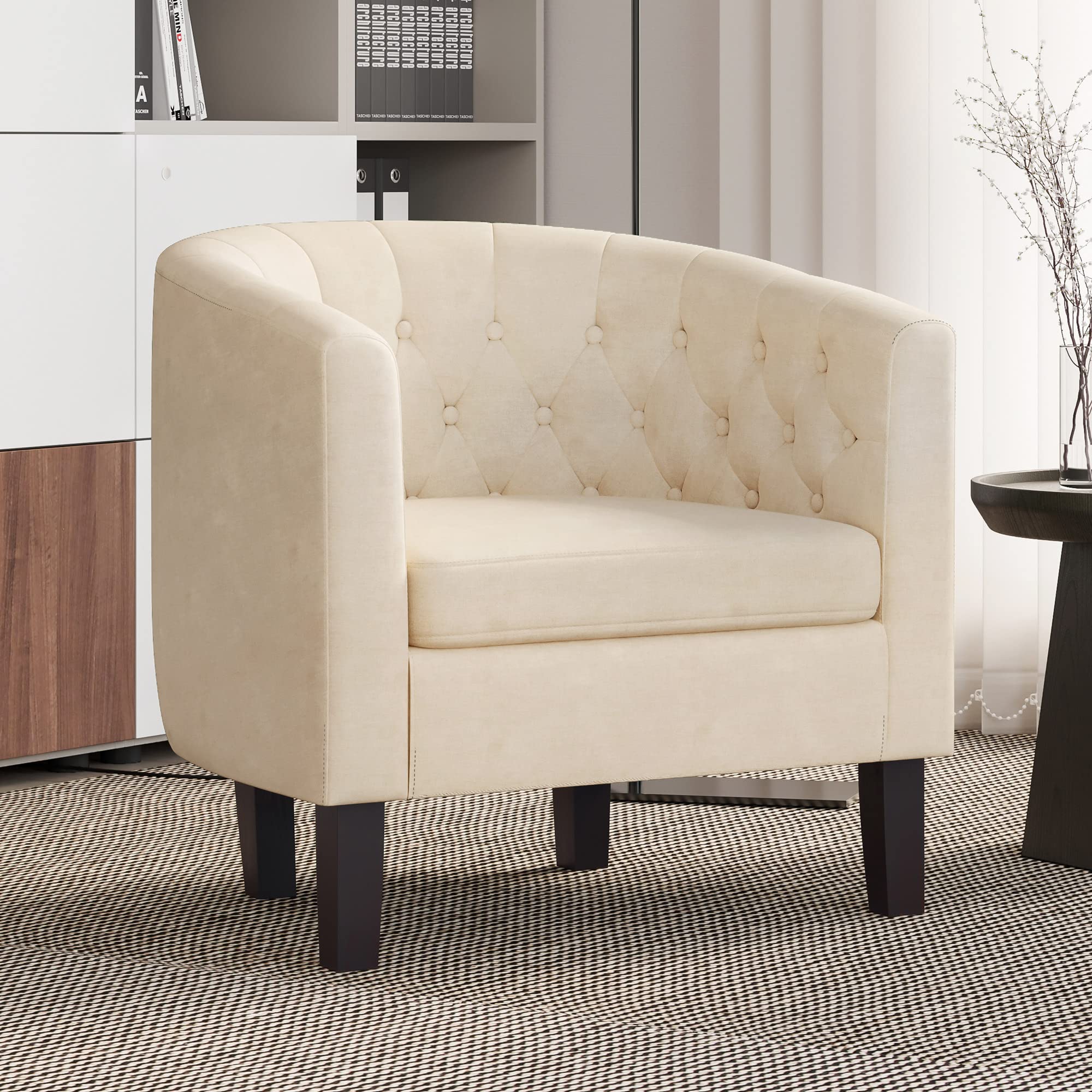BELLEZE White Accent Chairs for Living Room & Bedroom - Elegant Upholstered Tufted Barrel Armchair with Sturdy Legs & Linen Fabric, Modern Club Chair for Home Office, Lounge & Guest Room (Berlinda, White)