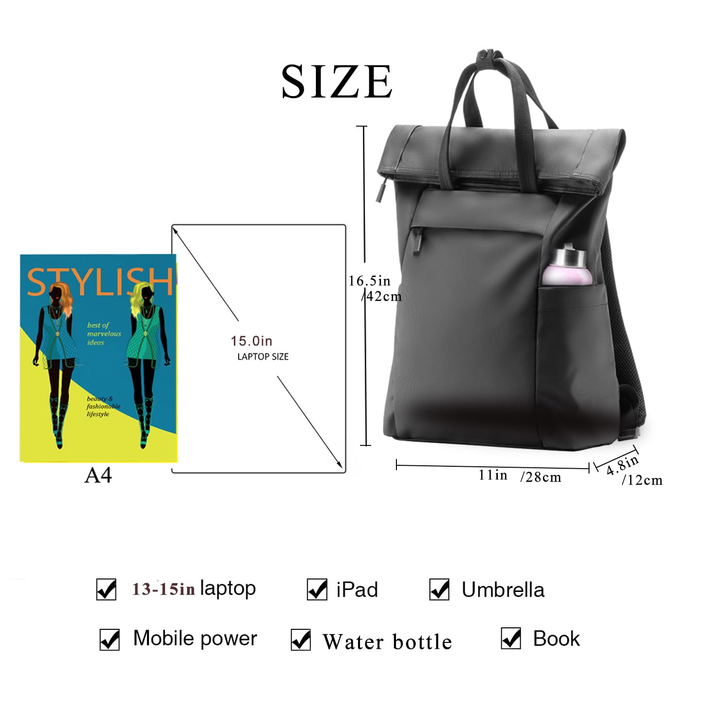Expandable Roll Top Laptop Backpack - Water-Resistant 15-20L Rucksack for 15 Inch Laptops, Adjustable Large Capacity Daypack for Work, Business, College - Ideal for Men & Women in Urban Commuting & Travel
