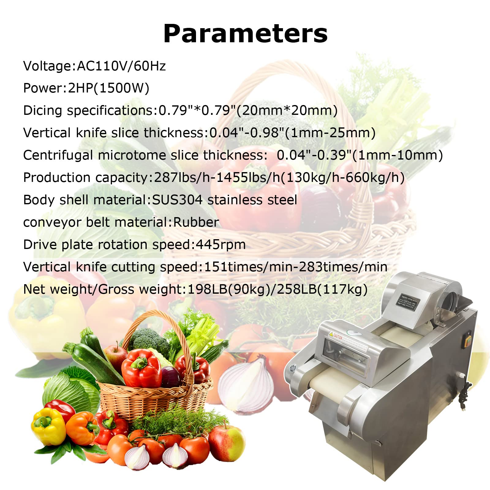 Commercial Vegetable Chopper - Automatic Fruit Dicing Machine with 4 Stainless Steel Blades (0.04