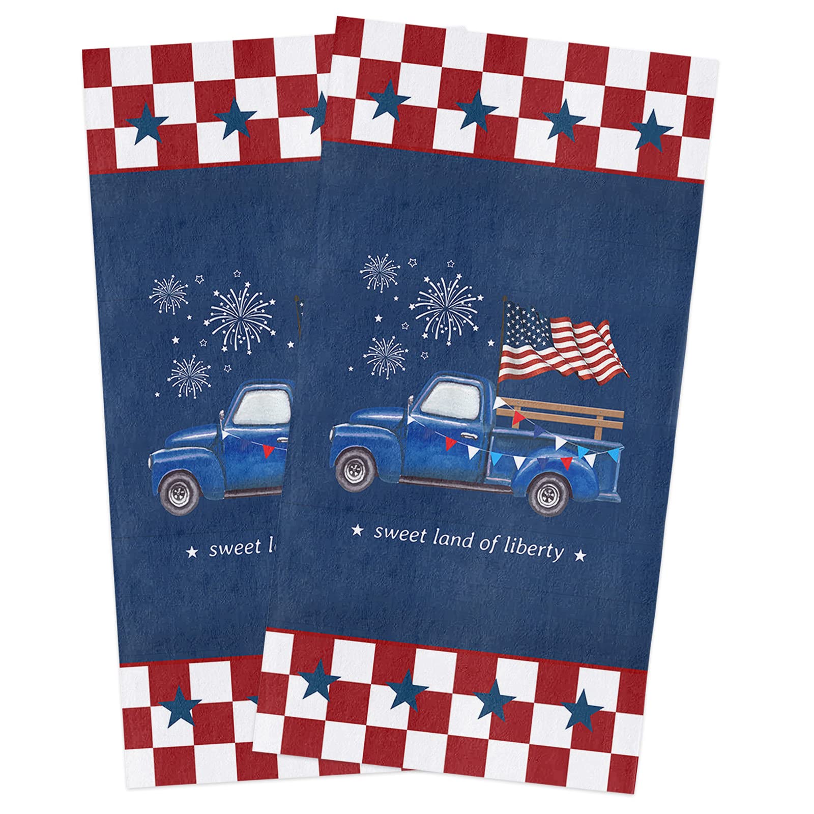 4th of July Patriotic Blue Truck Microfiber Kitchen Towels 2-Pack | Super Absorbent Dish Towels for Kitchen, Bathroom & Bar | USA Flag Plaid Design | Soft, Reusable & Fast Drying Cleaning Cloths | Perfect for Independence Day Decor, Dish Drying & Housewarming Gifts