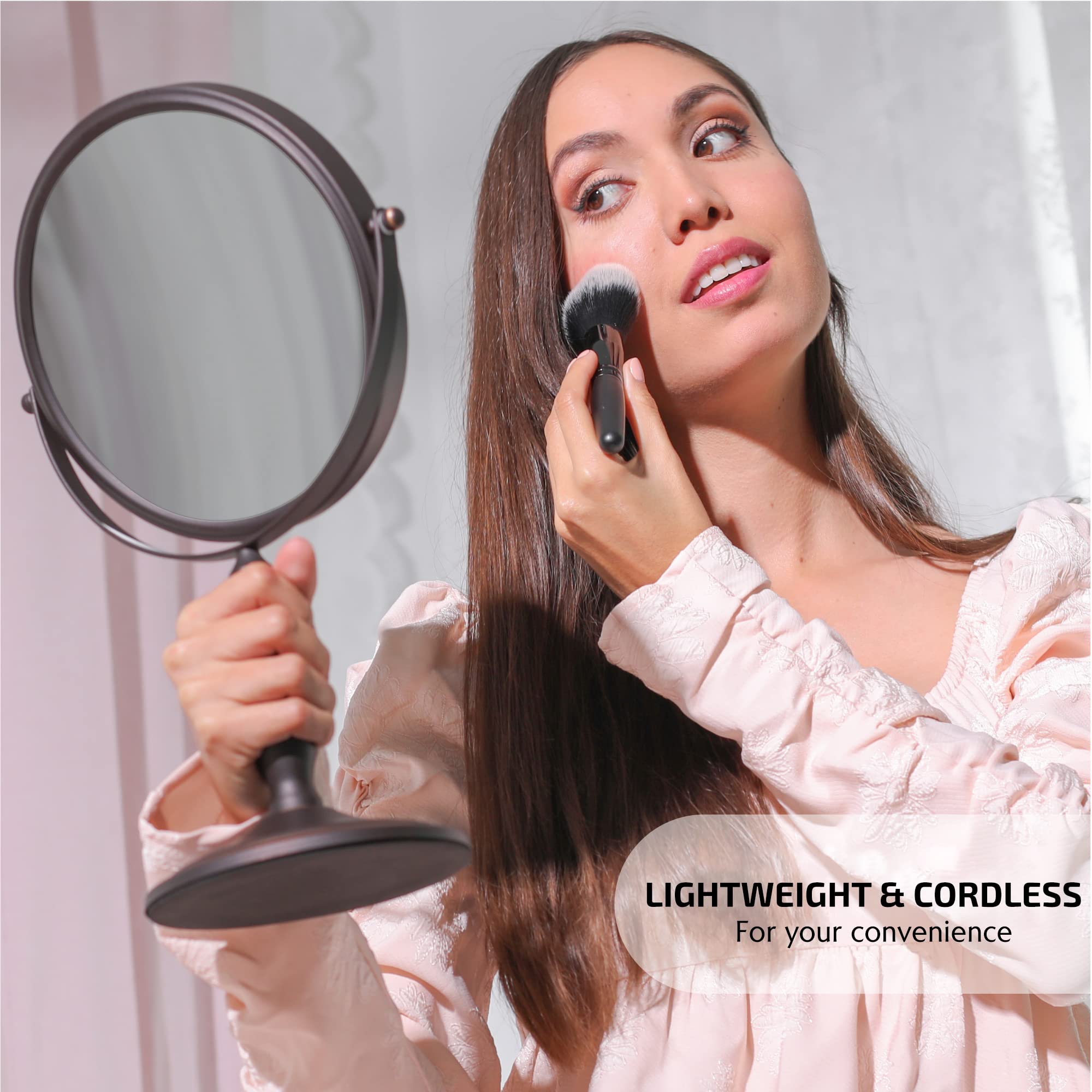 OVENTE 8-Inch Double-Sided Vanity Mirror with 1X/7X Magnification, 360° Swivel Stand - Antique Bronze Makeup Mirror for Dresser, Bedroom & Office Desk | Perfect for Applying Makeup, Skincare & Grooming