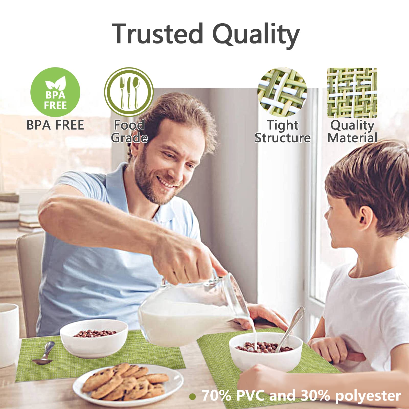 6-Piece Woven Vinyl Placemats Set - Waterproof & Washable for Indoor/Outdoor Use - Durable Table Mats for Dining, Picnics, and Parties (Green)