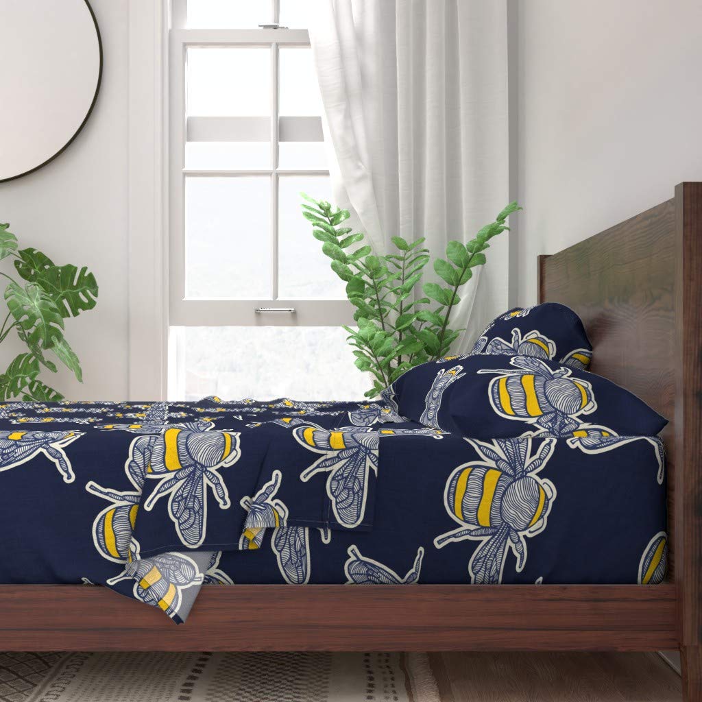 Spoonflower 100% Cotton Twin Sheet Set, 3-Piece Navy Blue Bee & Insect Print Bedding - Soft Breathable Sheets for Summer, Kids Room, Garden Theme Decor