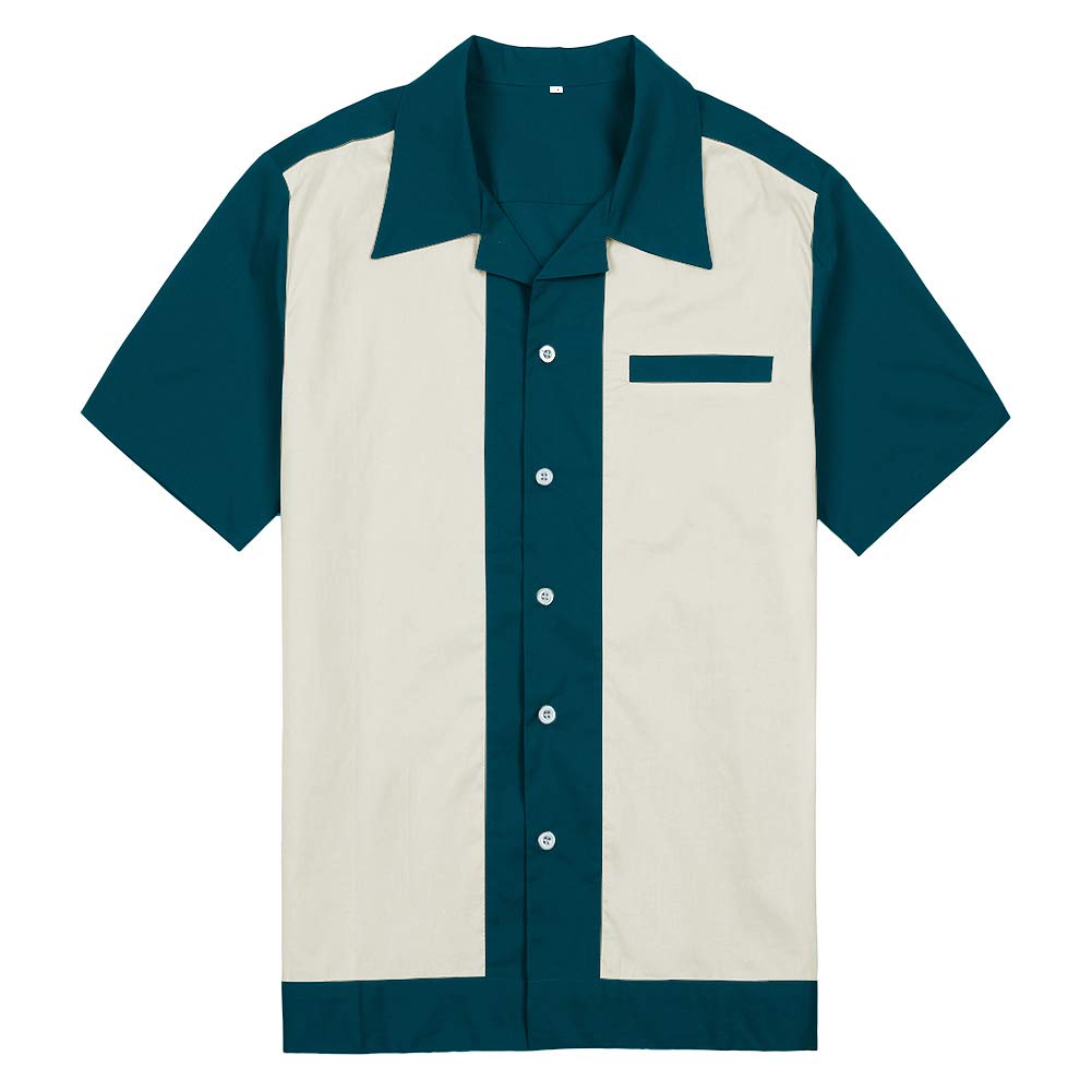 Vintage 1950s Rockabilly Style Men's Short Sleeve Bowling Shirt - Cotton Casual Button Down Shirt for Retro Parties & Rock n Roll Events