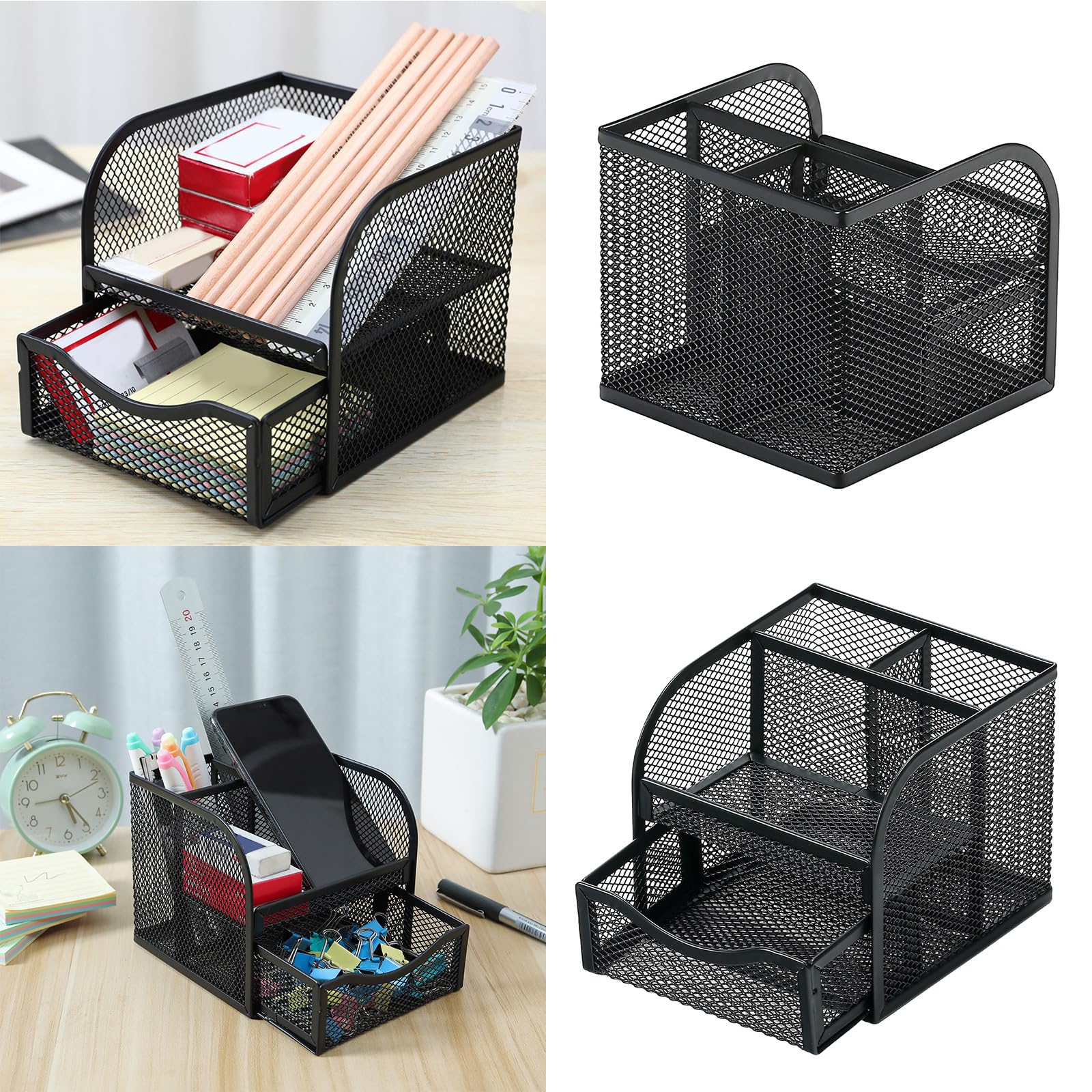 AJOIDR Metal Pen Holder with Sliding Drawer - Space Saving Desk Organizer for Office & Home Use