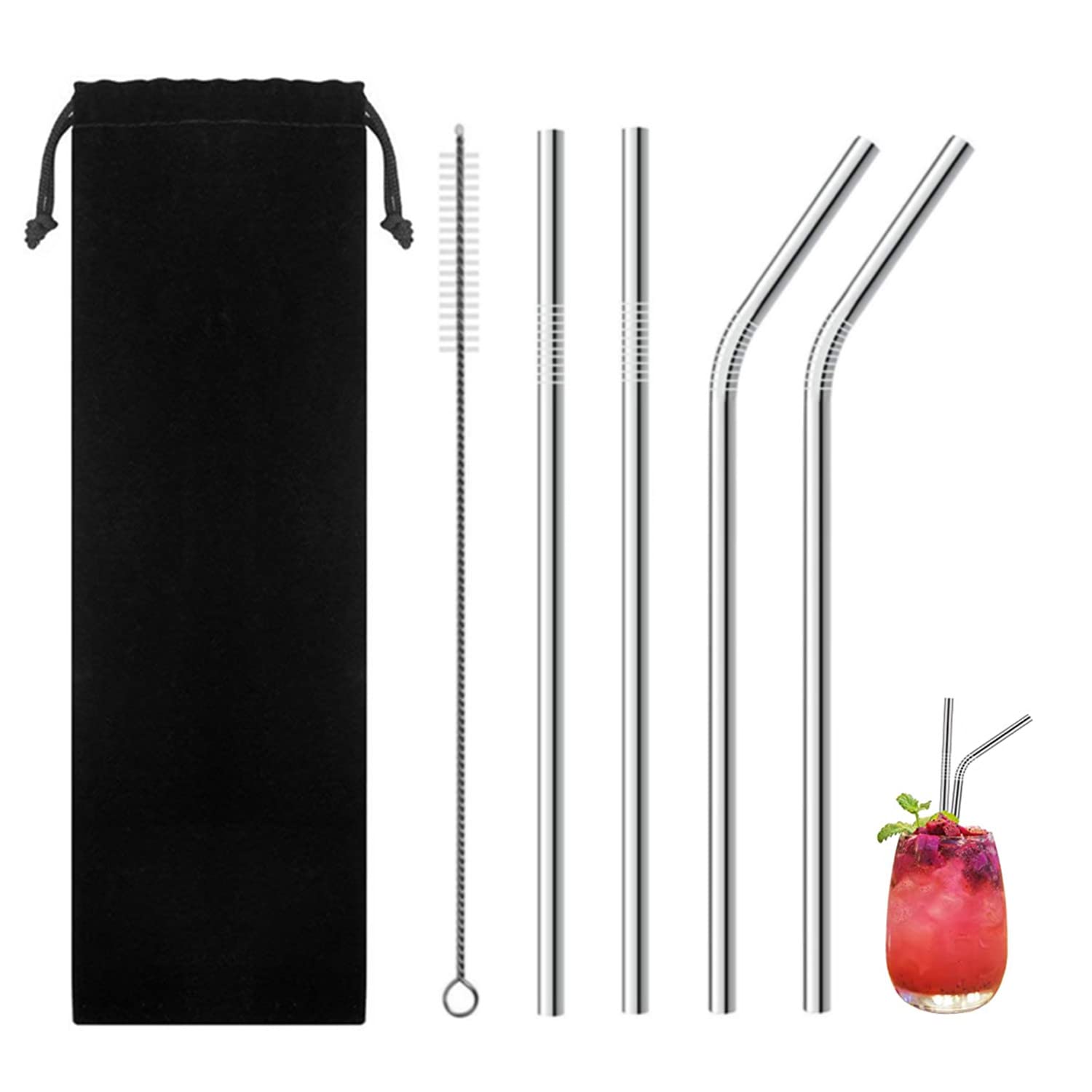 Eco-Friendly Reusable Stainless Steel & Glass Drinking Straws Set - 5-Pack with Cleaning Brush | Dishwasher Safe | Perfect for Smoothies, Iced Coffee & Home/Office Use