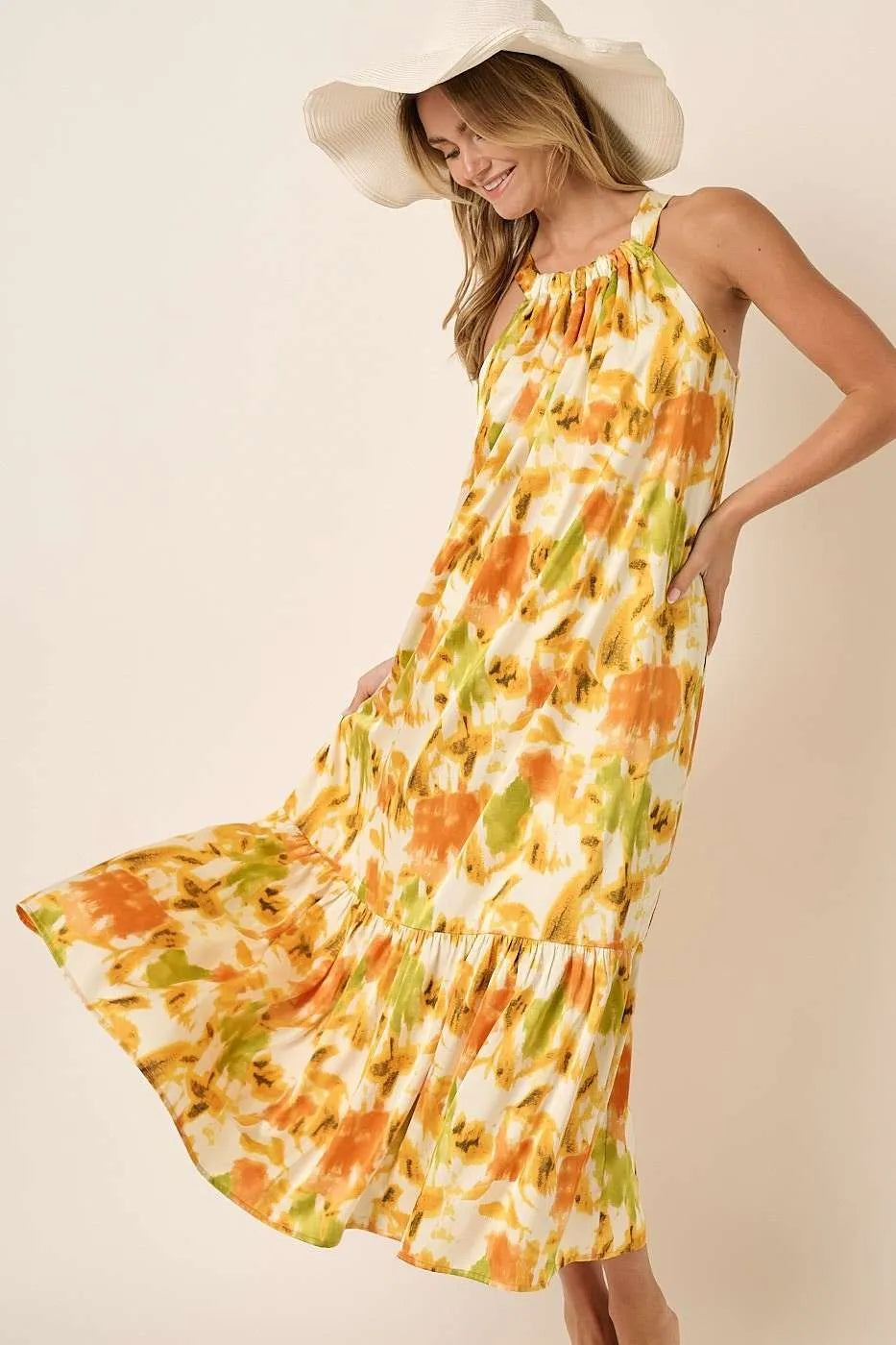 Orange & Yellow Tropical Halter Neck Satin Maxi Dress for Women - Beach Vacation, Summer Party & Resort Wear