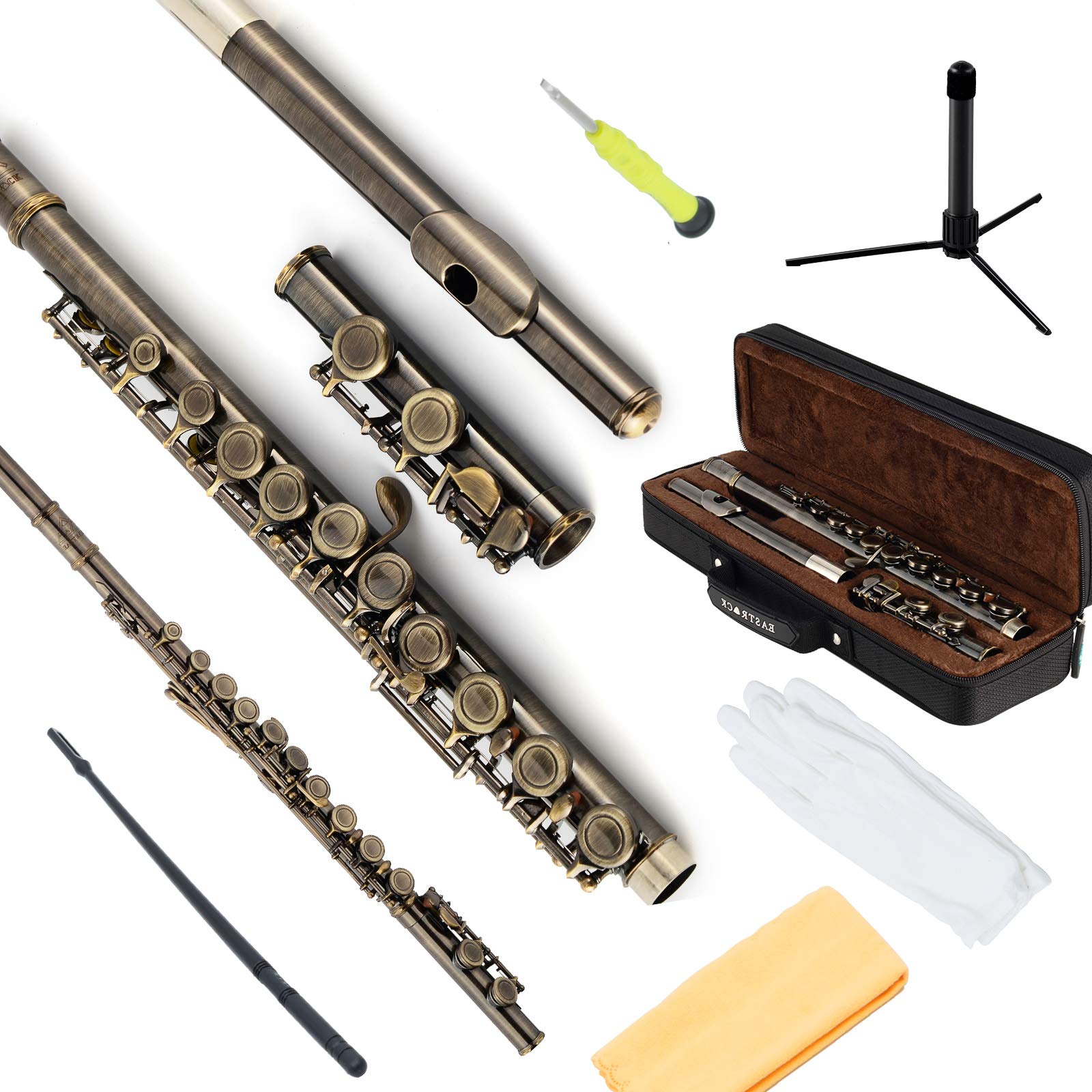EASTROCK 16 Key Closed Hole C Flute for Beginners, Kids & Students - Antique Finish with Case, Stand & Cleaning Kit - Perfect for School Bands, Music Lessons & Home Practice