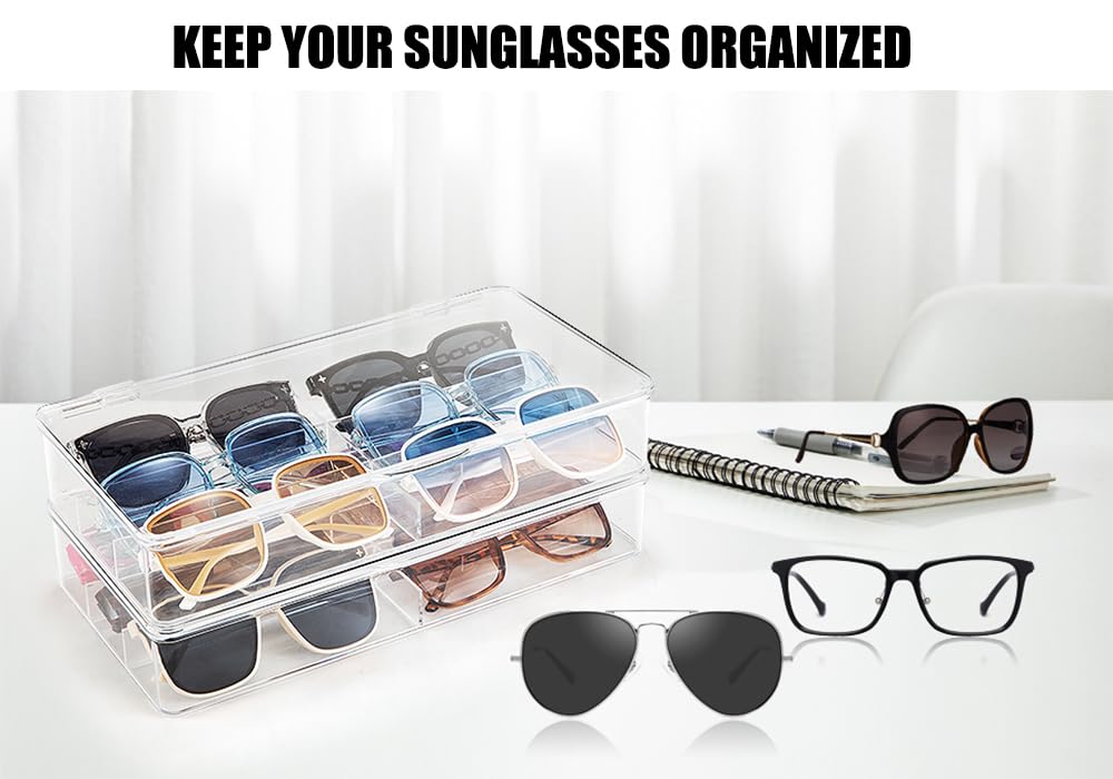 BOPai Acrylic Sunglasses Organizer with Lid - Stackable Eyeglass Storage Case for Men & Women - 2 Pack - Perfect for Travel, Home, Office, and Car Organization