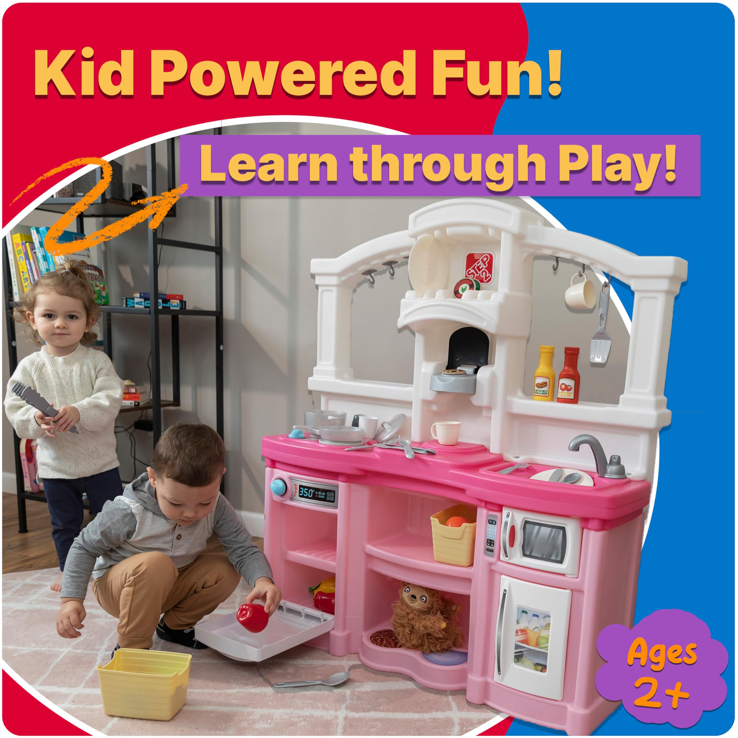 Step2 Fun with Friends Kids Kitchen Playset - Interactive Indoor/Outdoor Toy Kitchen with Lights & Sounds, 25-Piece Accessories, Durable Plastic for Toddlers Ages 2+ (Pink) | Perfect for Pretend Play, Birthday Gifts & Daycare Learning Activities