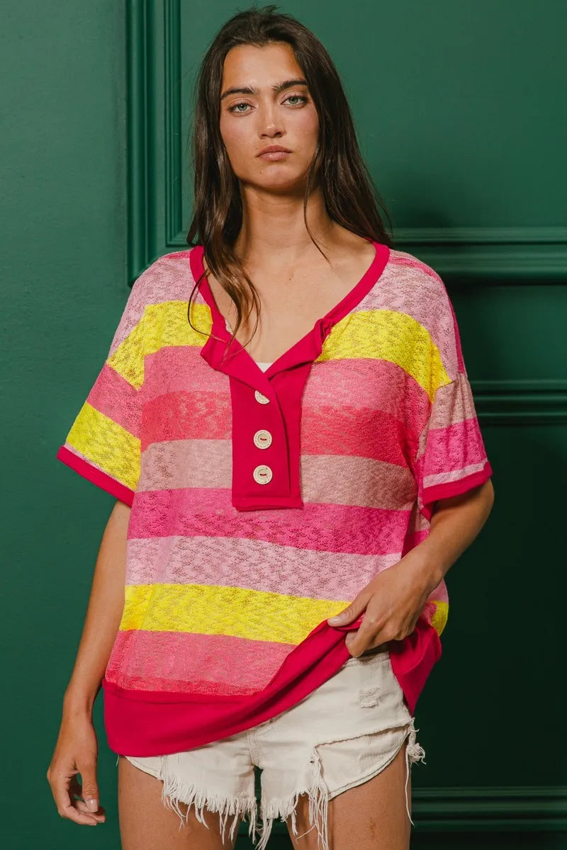 BiBi Women's Multi-Color Striped Hacci Knit Button Detail Ringer T-Shirt | Casual Summer Top for Outfits, Beach & Date Nights
