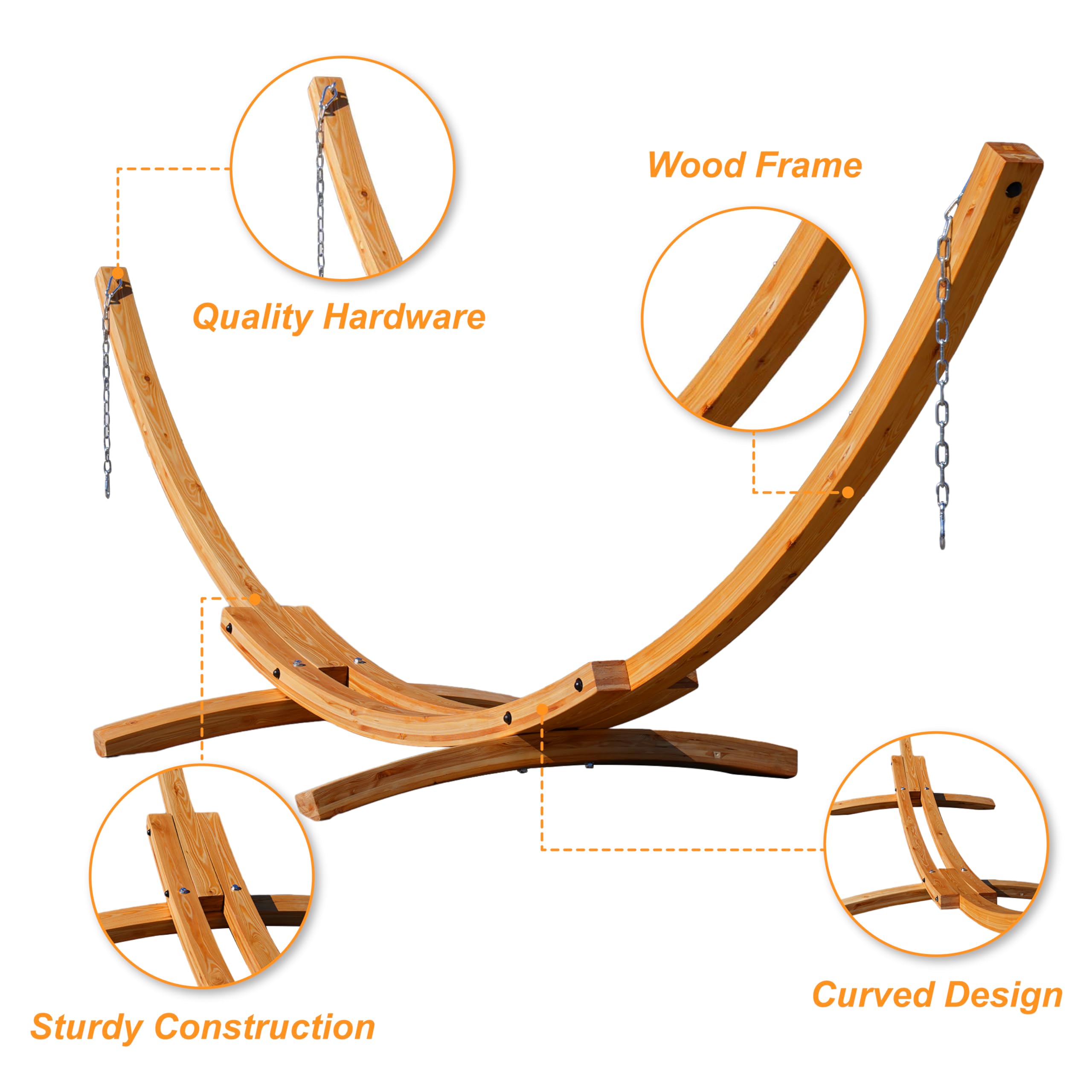 13 FT Outdoor Arc Wood Hammock Stand for 2 Persons - Russian Pine Hardwood with Carabiners & Chains - 500lb Capacity - Perfect for Patio, Garden, Yard & Poolside Relaxation - Natural Finish