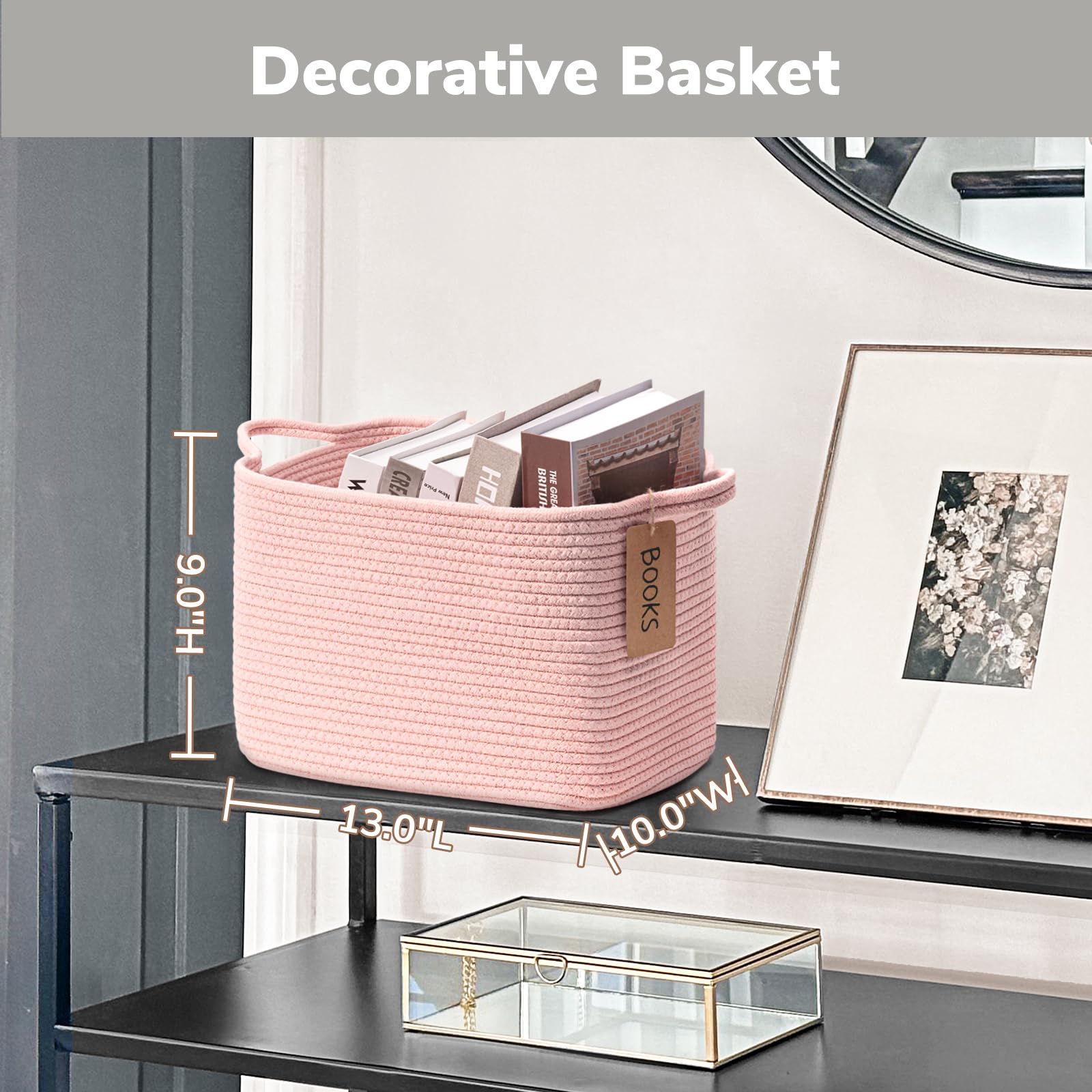 Goodpick 3-Pack Woven Rope Storage Baskets - 13x10x9 Inch Pink Organizing Bins with Handles for Toys, Books, Home Decor | Perfect for Closet, Nursery, Living Room & Gift Packaging