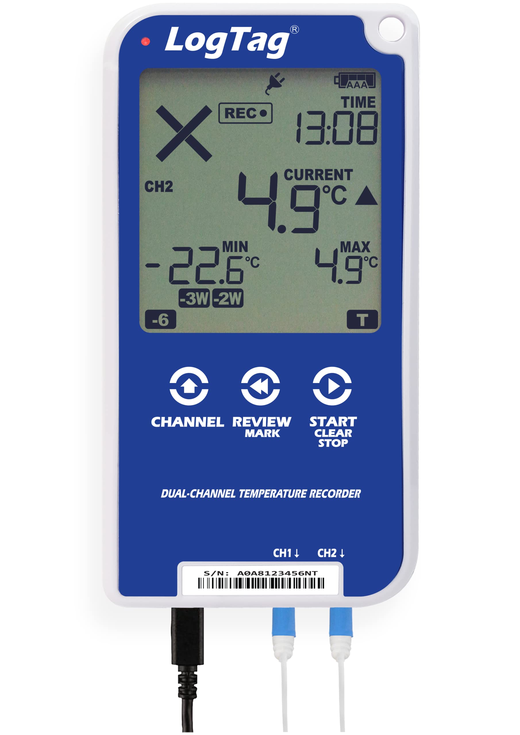 UTRED30-16 Dual Channel Temperature Data Logger Kit with 2 ST100K-15 External Probes, 2 Buffer Bottles, Wall Mount Bracket & NIST Traceable Certificate (Blue/White) - Perfect for Food Safety Monitoring, Laboratory Research & HVAC System Maintenance