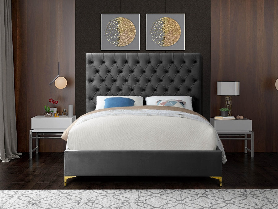 Luxury Grey Velvet Upholstered Bed Frame with Deep Button Tufting - Includes Gold & Chrome Metal Legs for Style Customization (Double/Queen/King Size) - Perfect for Master Bedrooms, Guest Rooms & Modern Home Decor - Model #5640