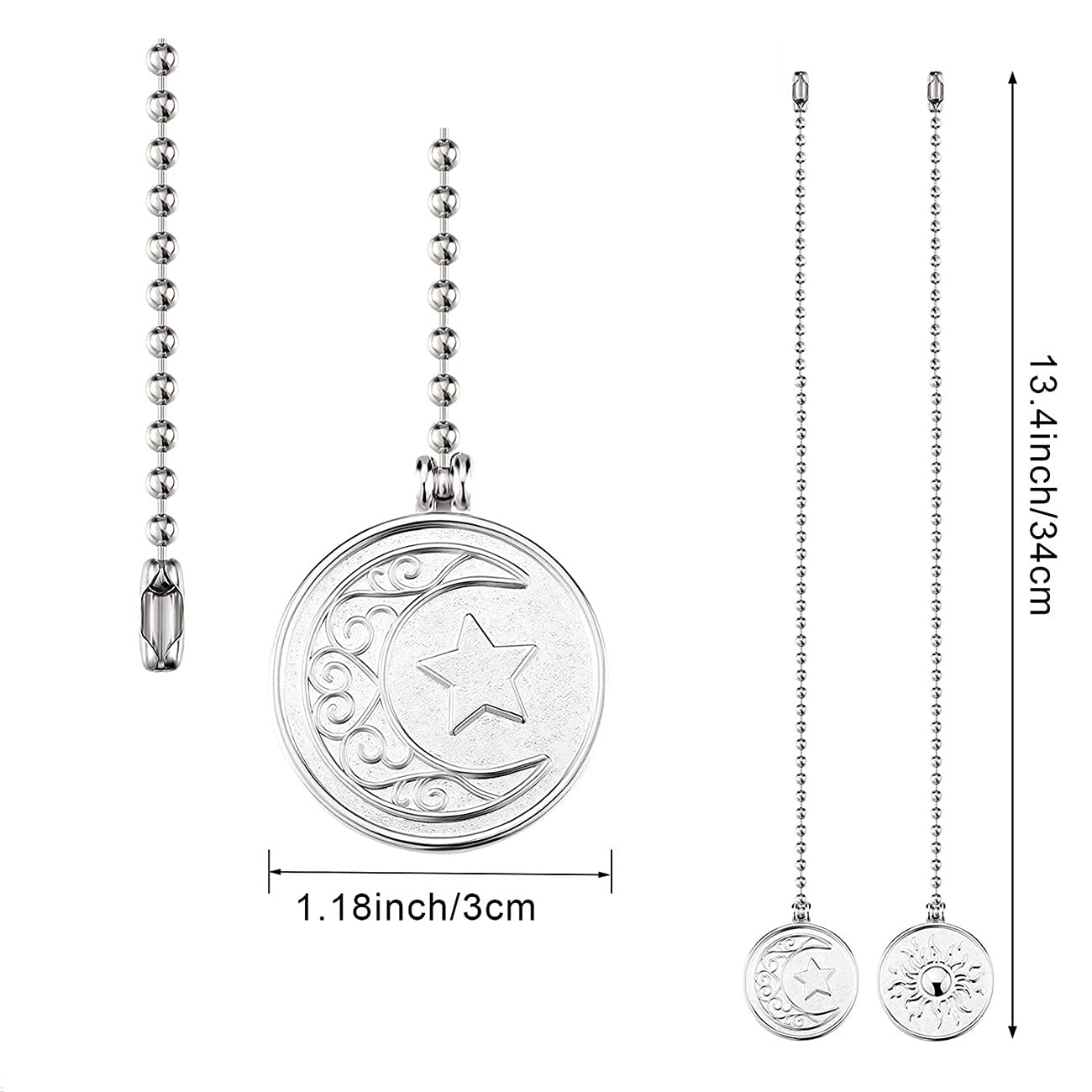 Decorative Ceiling Fan Light Pull Chain Set with Moon & Sun Beaded Pendant Extender - Nickel Finish, 1 Pack - Perfect for Bedroom, Living Room & Office Lighting Control