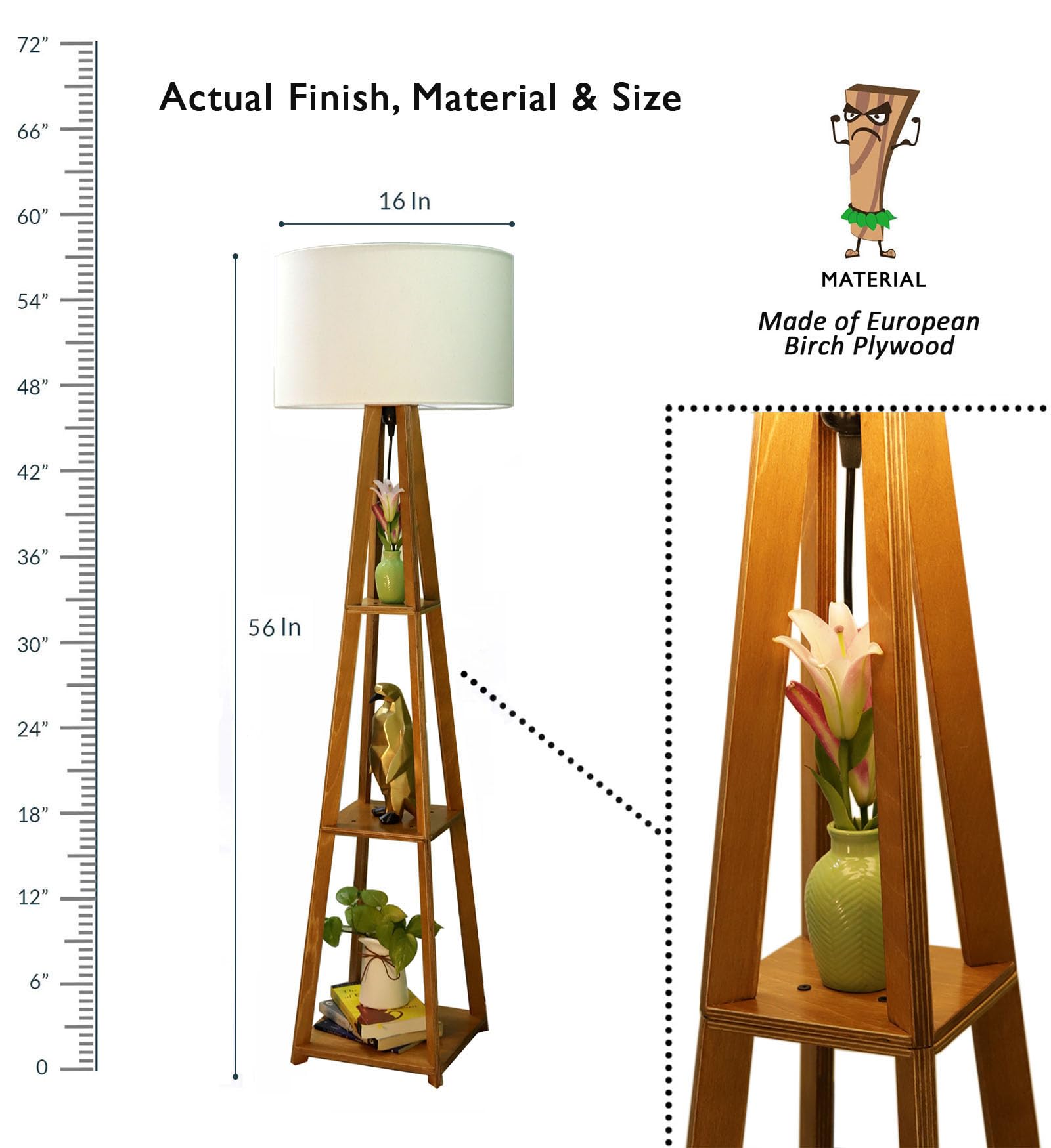 Modern Crosscut Wooden Floor Lamp with Shelf - Cotton White Finish, Includes LED Bulb | Perfect for Living Room, Bedroom & Office Lighting Decor