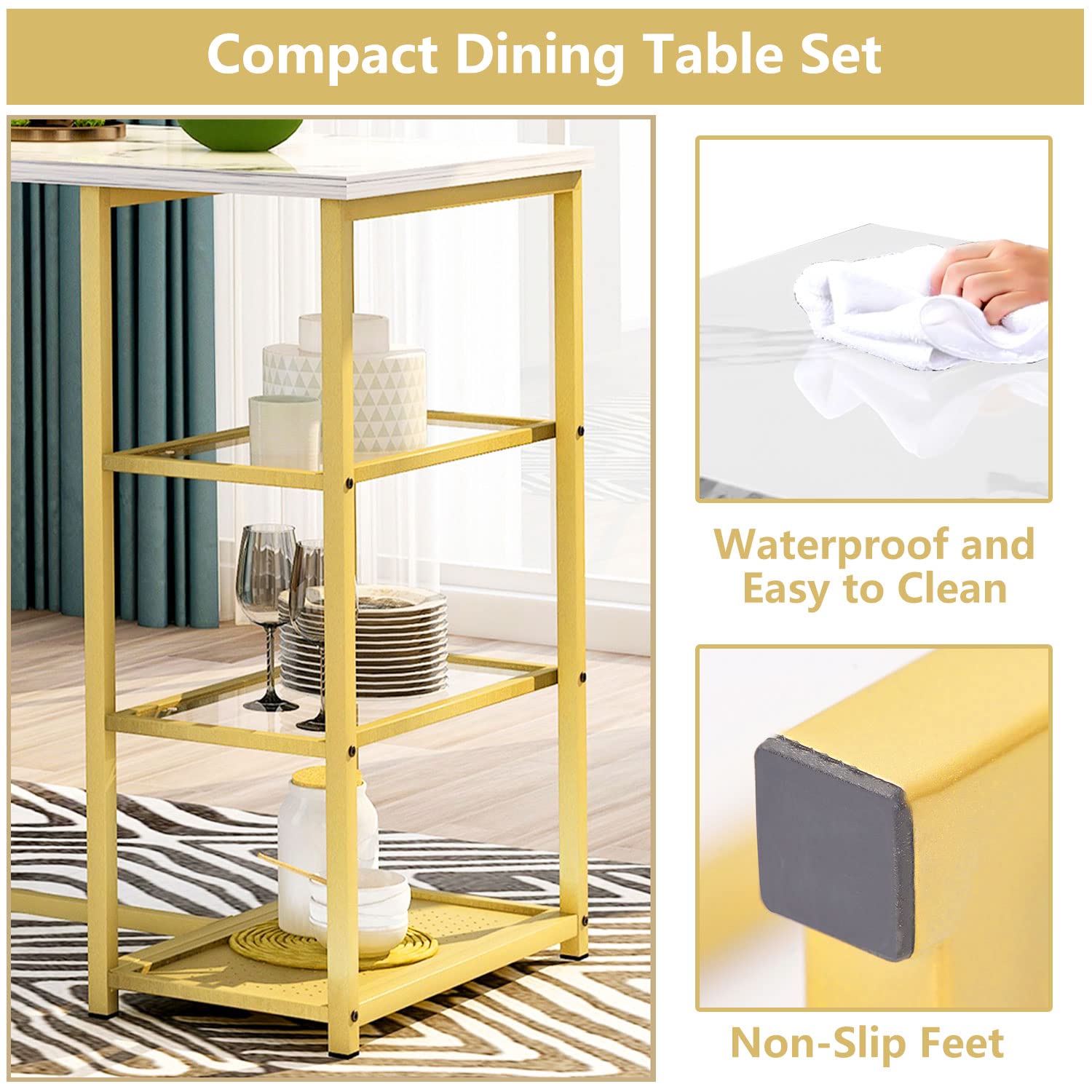 Modern 3-Piece Bar Table Set with 2 PU Stools & Storage Shelves - Counter Height Pub Dining Table for Small Spaces - Perfect for Kitchen, Breakfast Nook & Apartment Entertaining