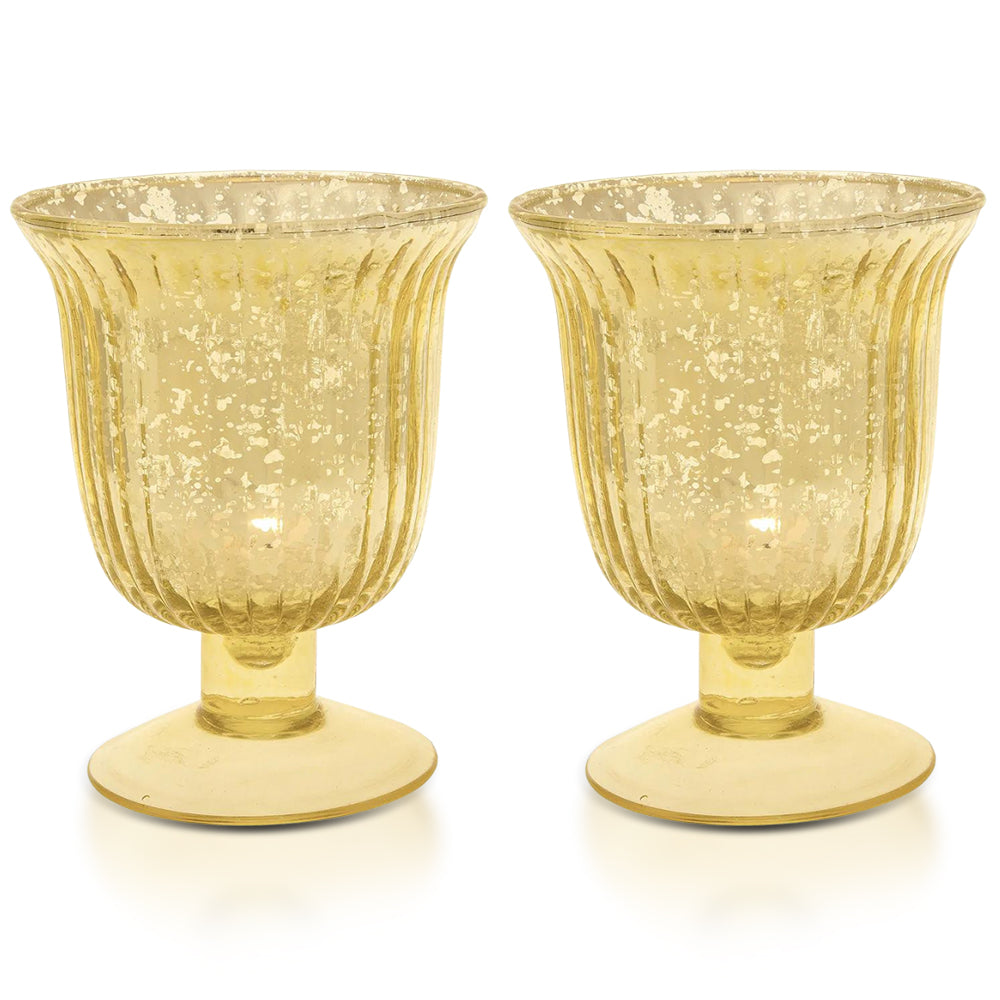 Vintage Mercury Glass Candle Holder Set of 2 - 5 Inch Gold Fluted Urn Design for Home Decor, Wedding Centerpieces & Party Decorations | Elegant Tabletop Decor for Dining Room, Living Room & Special Events