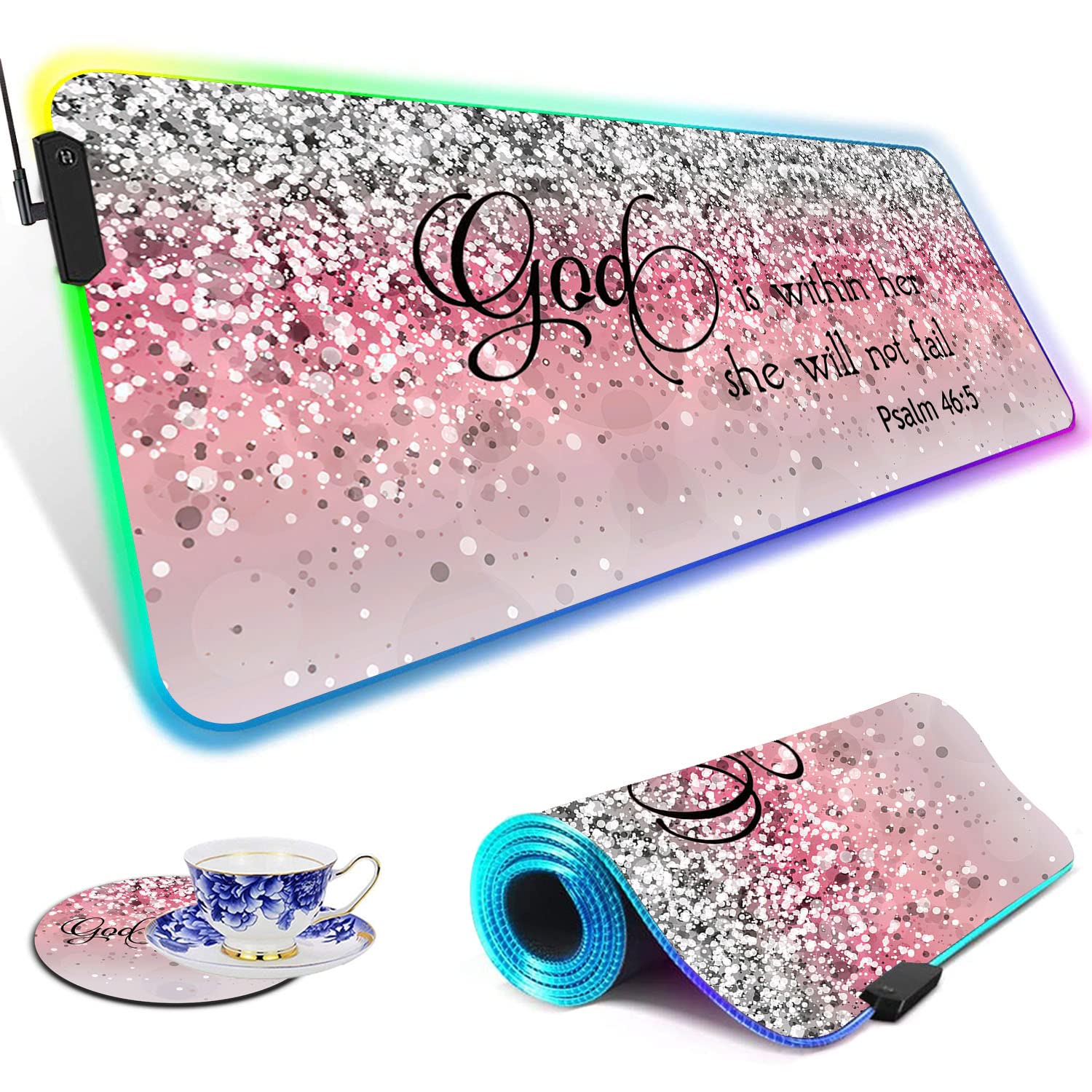 RGB LED Gaming Mouse Pad - Large Non-Slip Desk Mat with Optical Waterproof Surface for PC & Keyboard | Perfect for Esports, Office Work & Streaming | Motivational Bible Verse Design (Psalm 46:5)