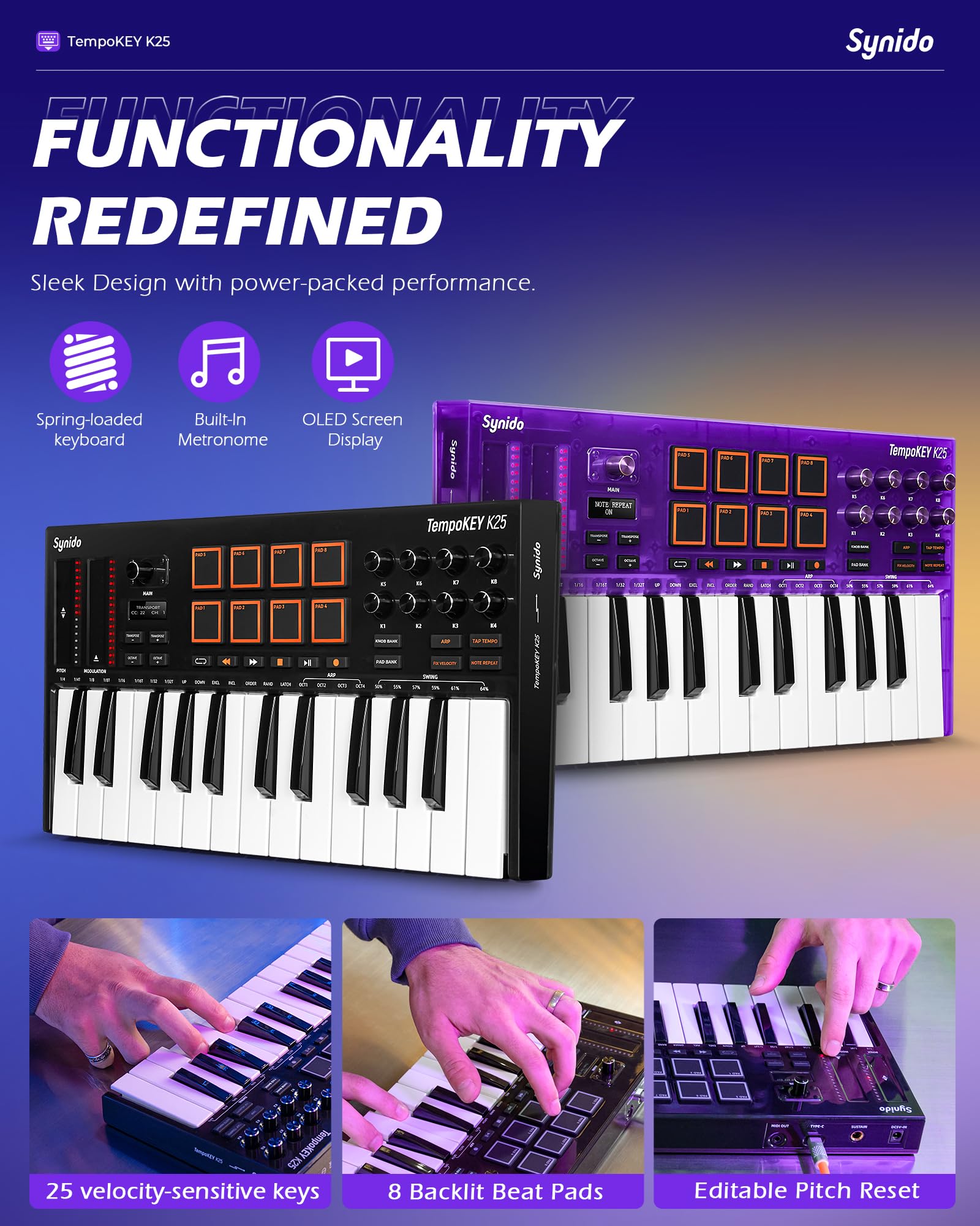 TempoKEY K25 - 25 Key USB C MIDI Keyboard Controller with Drum Pads, Velocity-sensitive Full-size Keys & OLED Screen | Portable Beat Maker for Music Production (Black) | Perfect for Home Studios, Live Performances & Electronic Music Creation