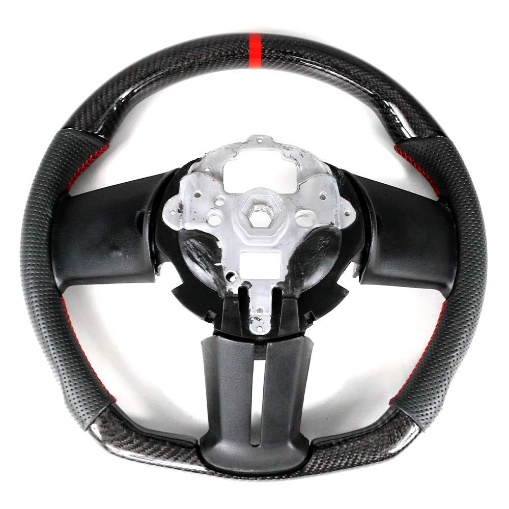 IKON MOTORSPORTS Black Carbon Fiber & Perforated Leather Steering Wheel with Red Stitching - Compatible with 2010-2014 Ford Mustang | Brushed Aluminum Trim | Perfect for Car Enthusiasts & Performance Upgrades