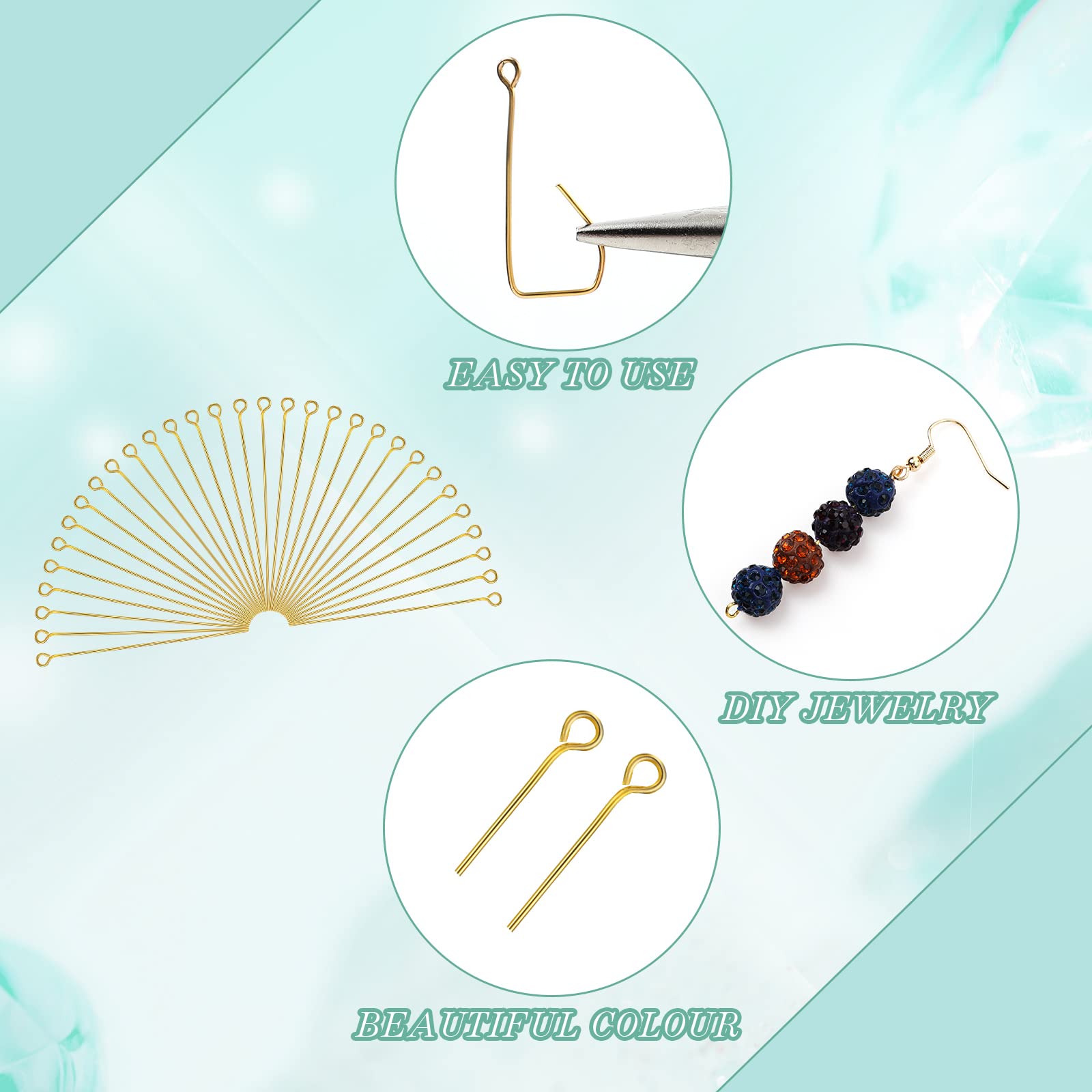 Sureio 500 Pieces 2 Inch (50mm) Gold Eye Pins for Jewelry Making - DIY Earring Headpins, Craft Supplies for Bracelets, Necklaces & Pendants - Perfect for Beading, Wire Wrapping & Handmade Jewelry Designs