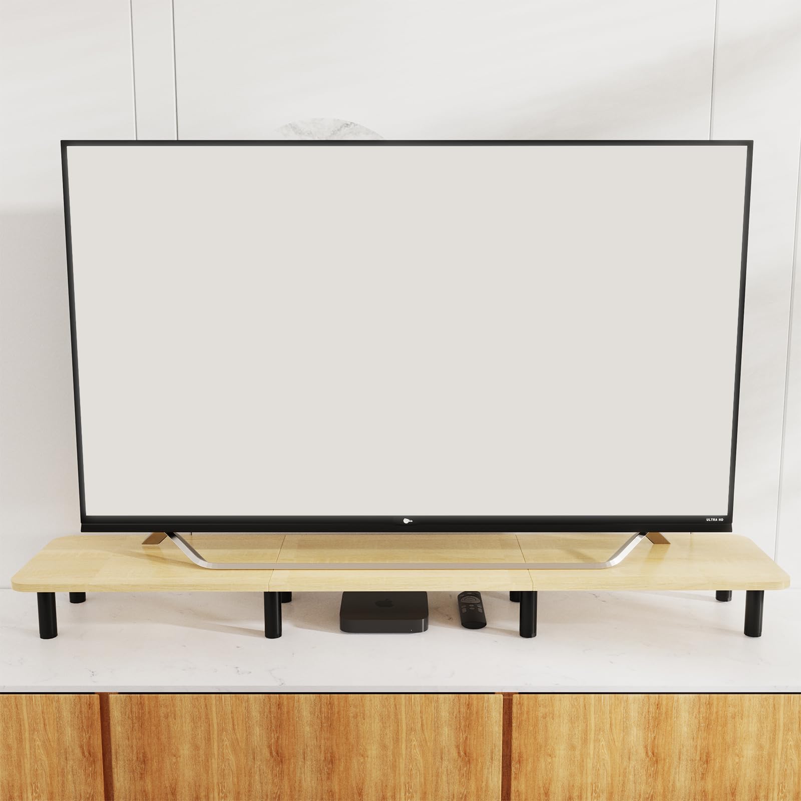 WEGASTU 43.7 Inch Extra Long Dual Monitor Stand Riser - Adjustable Height Wood & Steel TV Stand for 2 Monitors - Wide Desktop Organizer for Home Office Setup (Natural Finish) - Perfect for Multi-Screen Workstations and Ergonomic Workspaces