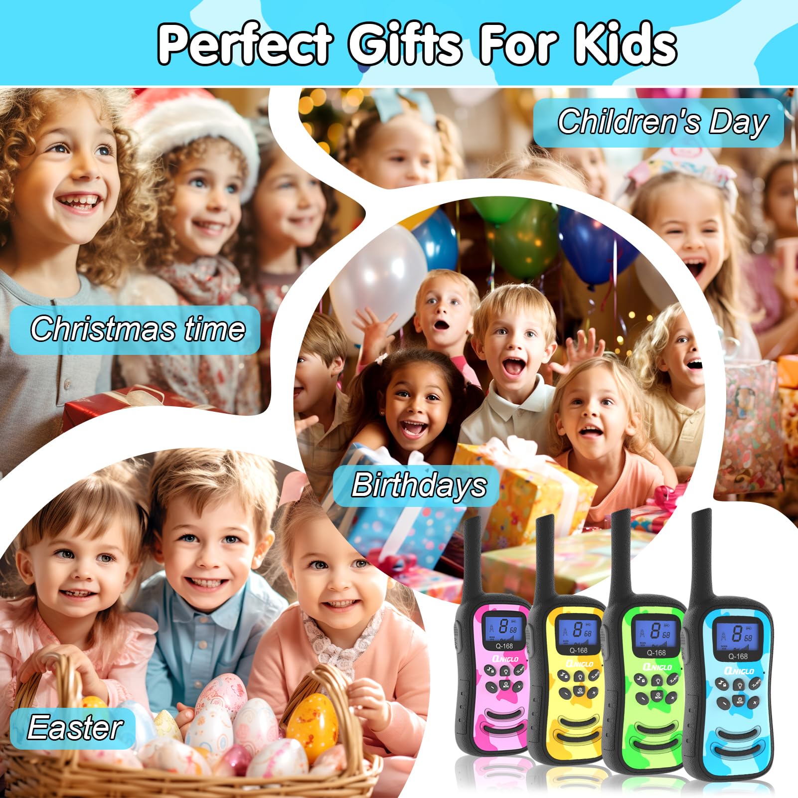 Qniglo Rechargeable Kids Walkie Talkies with 22 FRS Channels & VOX - Camo 2 Way Radios with LED Flashlight for Boys Girls | Perfect for Outdoor Camping, Hiking, Birthday Parties & Christmas Gifts