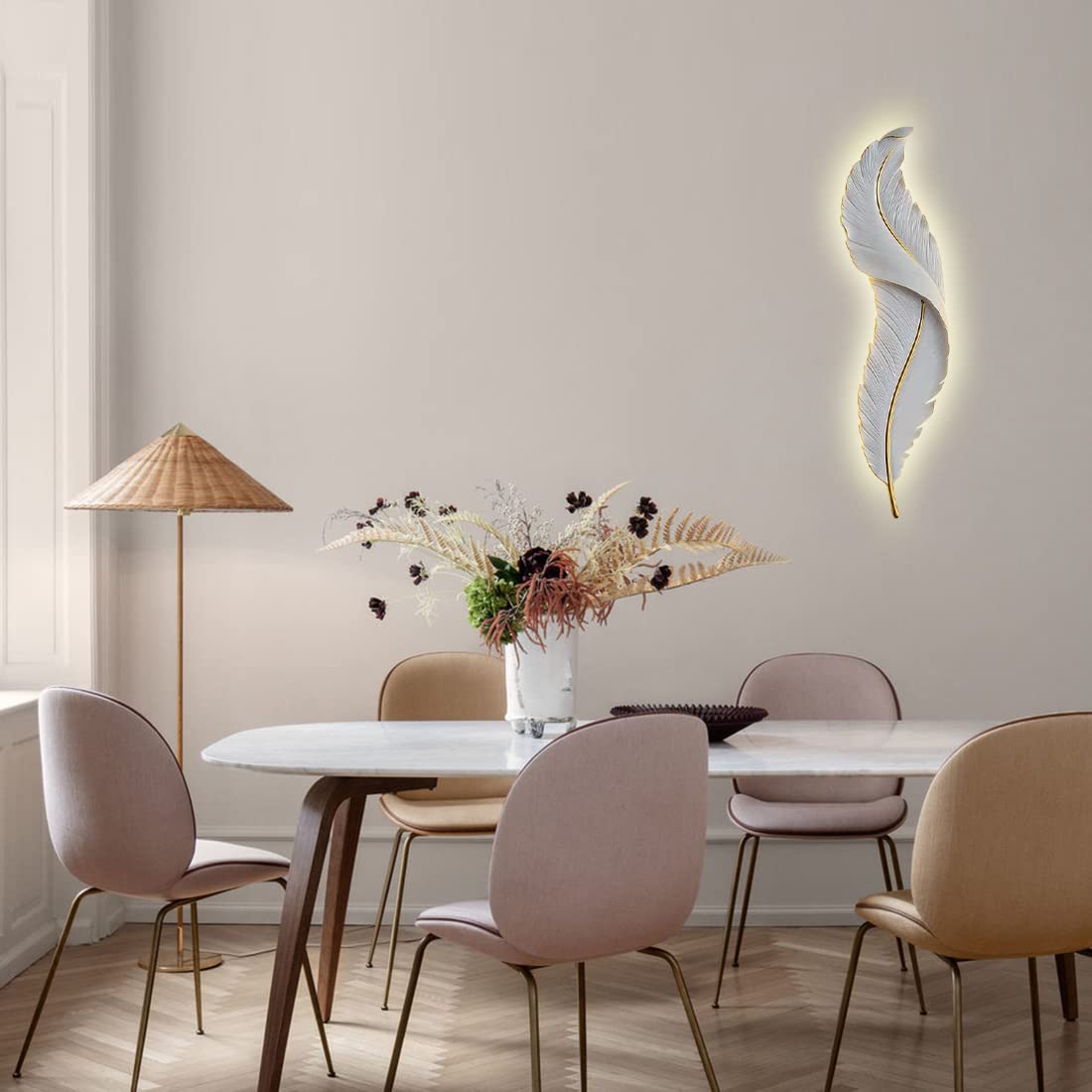 Modern LED Dimmable Wall Sconce Light with Unique Resin White Feather Design - Mid Century Elegant Bedroom, Living Room, Hallway & Kitchen Lighting - Perfect for Ambient, Accent & Decorative Illumination