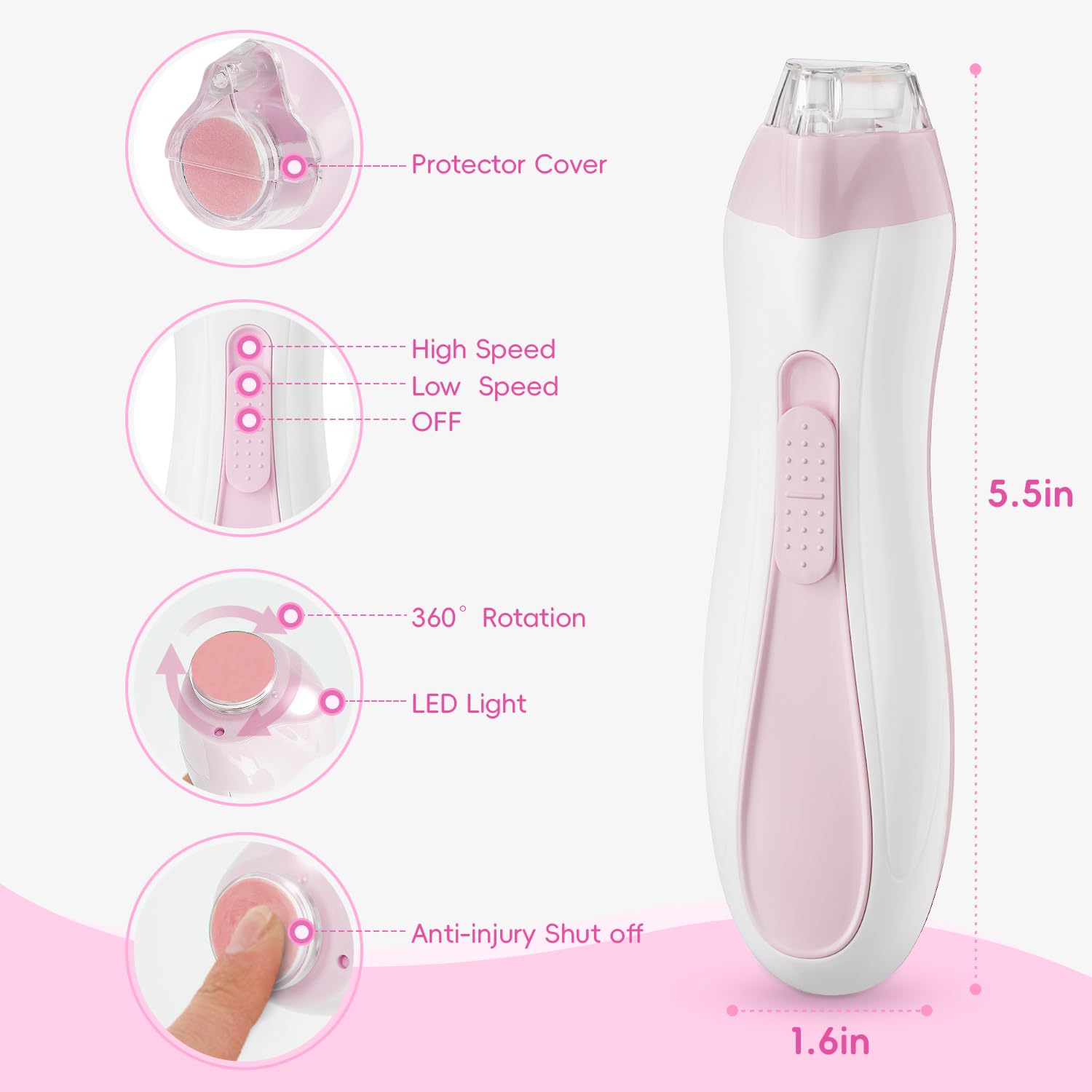 Rechargeable Electric Baby Nail File & Trimmer Kit - 15-in-1 Gentle Nail Care Set with LED Light & 15 Grinding Pads for Infants & Toddlers (Pink) | Safe & Painless Baby Nail Care for Newborns, Sleep Time & Daily Grooming