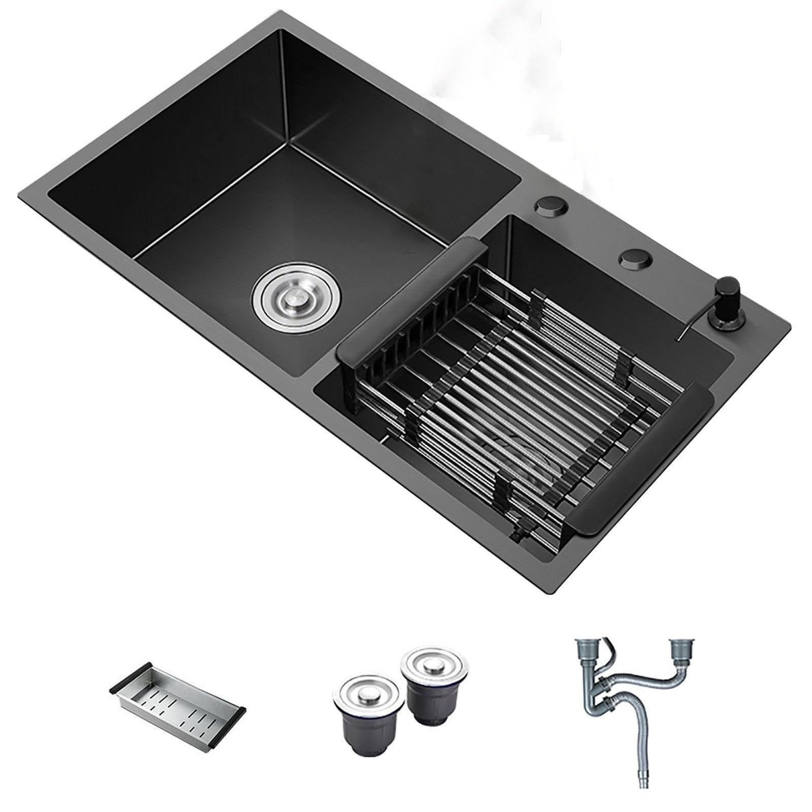 Premium 28x16x8.3 Inch Stainless Steel Undermount Double Bowl Kitchen Sink with Drain Tray - Black Nano Coating, Heavy Duty for Modern Homes - Perfect for Meal Prep, Washing Dishes & Entertaining