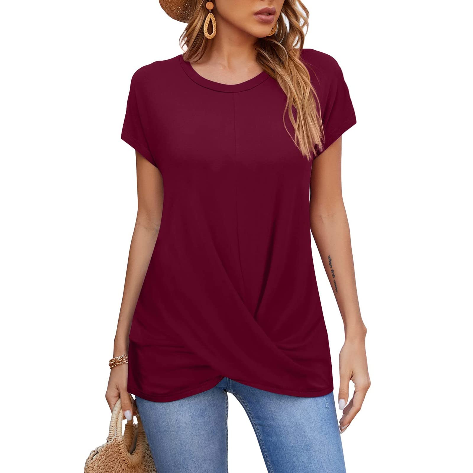 Women's Short Sleeve T-Shirts - Summer Casual Loose Tunic Tops with Front Twist Detail | Basic Work Tee & Trendy Blouse for Ladies | Perfect for Office, Outings & Everyday Wear