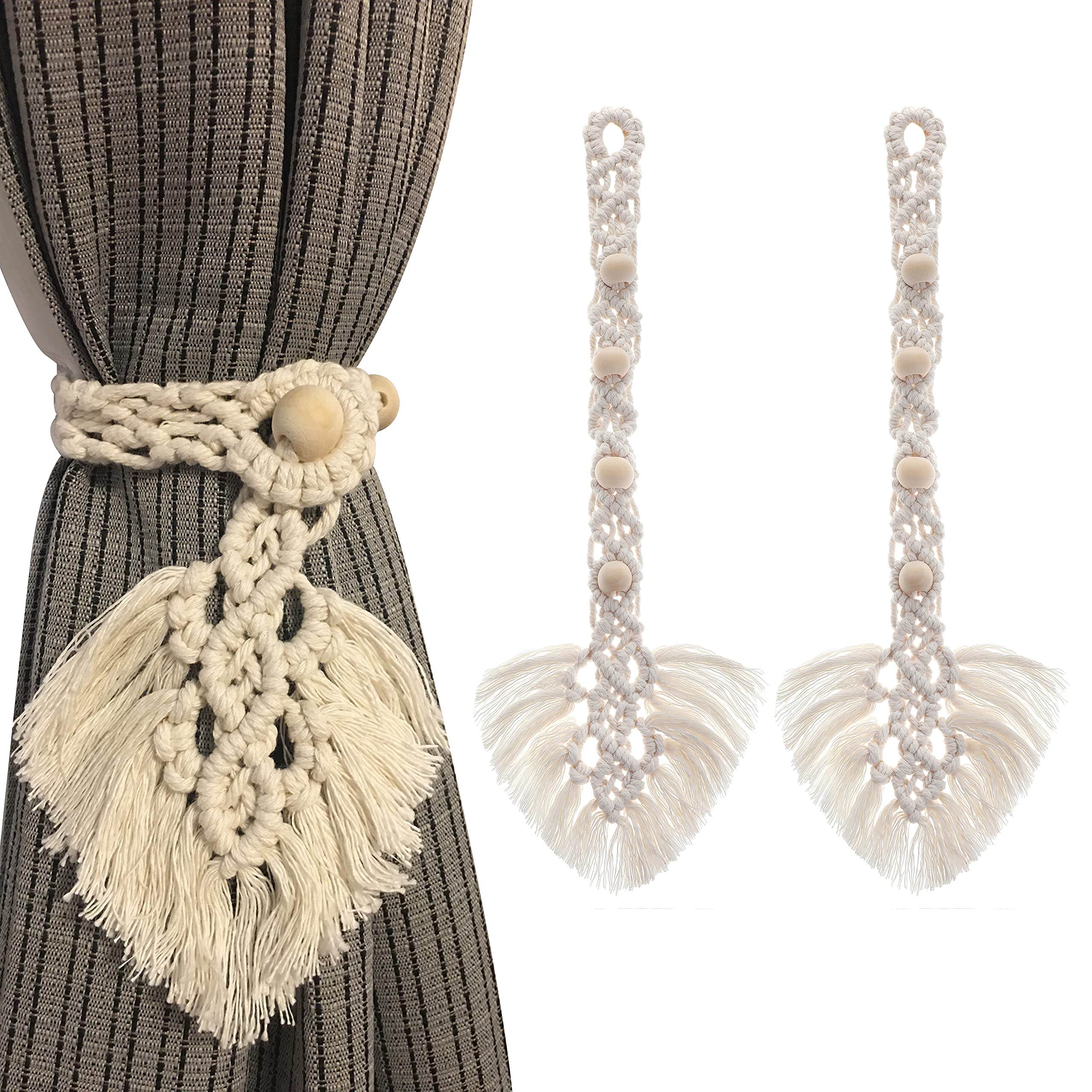 2 Pack Handmade Boho Curtain Tiebacks - Natural Rope Drapery Holdbacks, Adjustable Decorative Window Curtain Tie Backs for Living Room, Bedroom, Farmhouse Style Home Decor