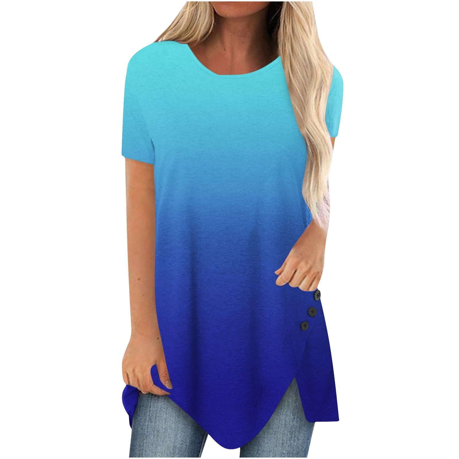 TARIENDY Women's Plus Size Summer Asymmetrical Gradient Color T-Shirt - Short Sleeve Crewneck Blouse for Casual Wear, Date Night & Office Outfits