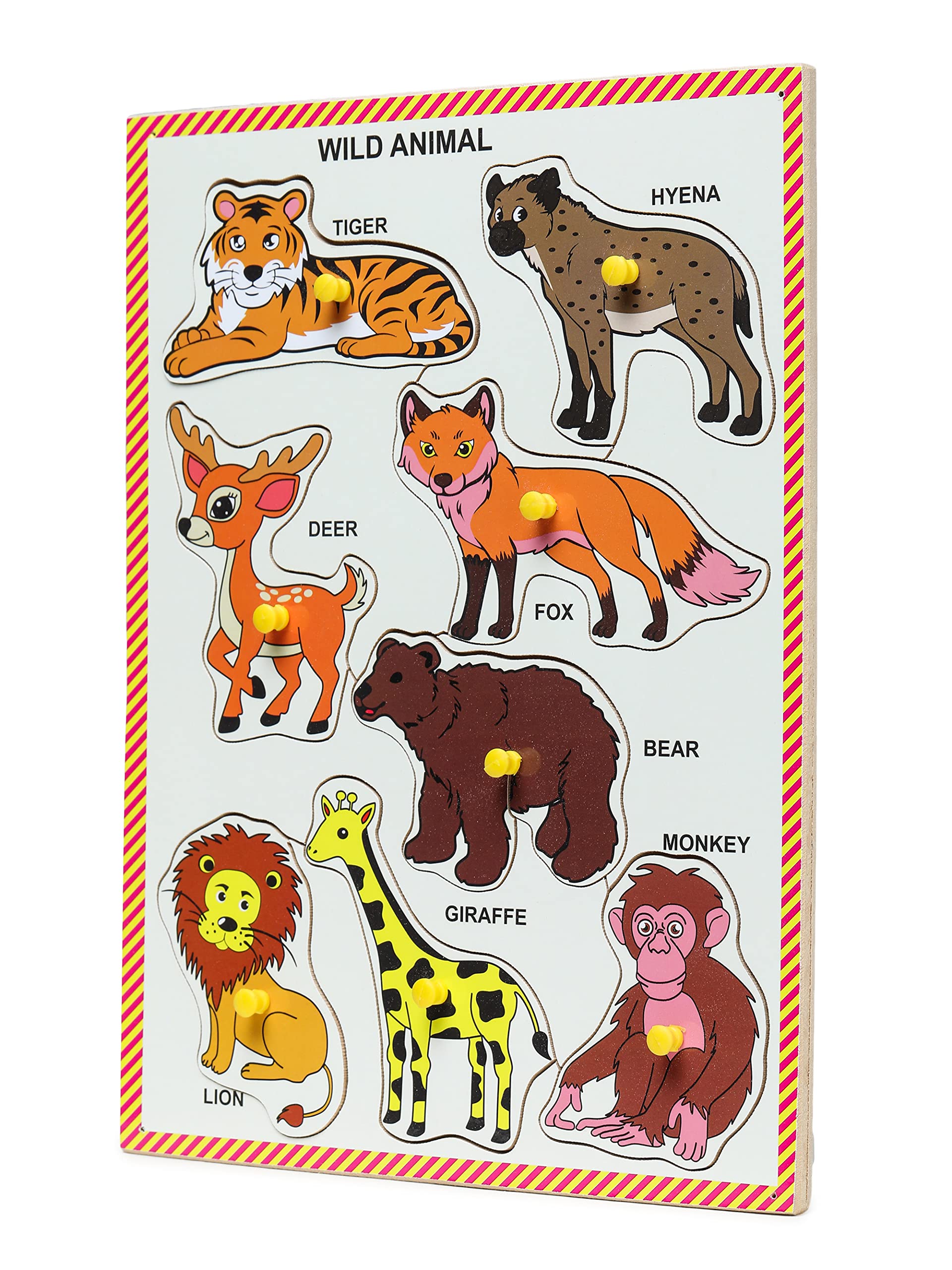 Premium Wooden Peg Puzzle for Toddlers - Wild Animals Learning Board with Knobs, Educational Toy for Kids Ages 2+ (9x12 Inch) | Perfect for Early Childhood Development, Montessori Classroom & Homeschooling Activities