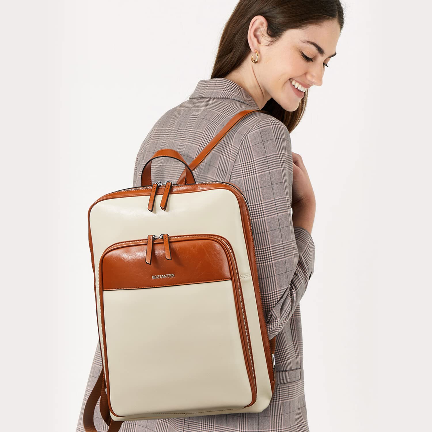 BOSTANTEN Genuine Leather Laptop Backpack for Women - 15.6 Inch Business Computer Bag with USB Charging Port, Waterproof Travel Backpack for Work, College & Daily Commute - Stylish Large Capacity Daypack for Professionals & Students
