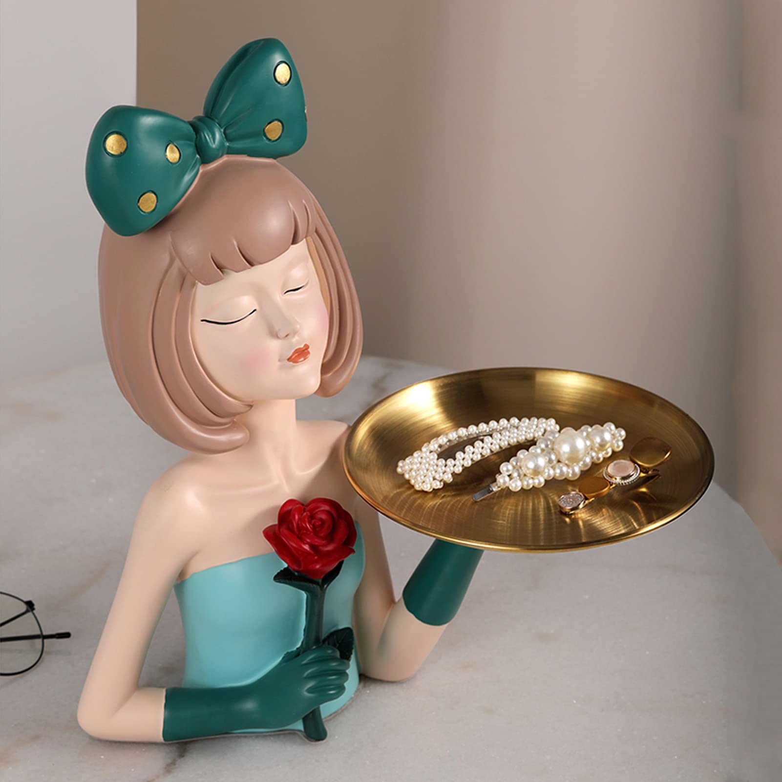 Cute Green Resin Girl Sculpture Storage Box with Tray - Modern Home & Office Desk Decor for Jewelry, Keys, Candy Organization | Creative Gift Idea for Women & Girls