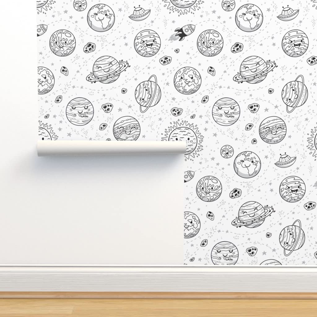 Commercial Grade Solar System Wallpaper 27ft x 2ft - Planets Cartoon Print for Kids Room, Black & White Celestial Space Theme Peel & Stick Wallpaper | Perfect for Nursery, Classroom & Playroom Decor