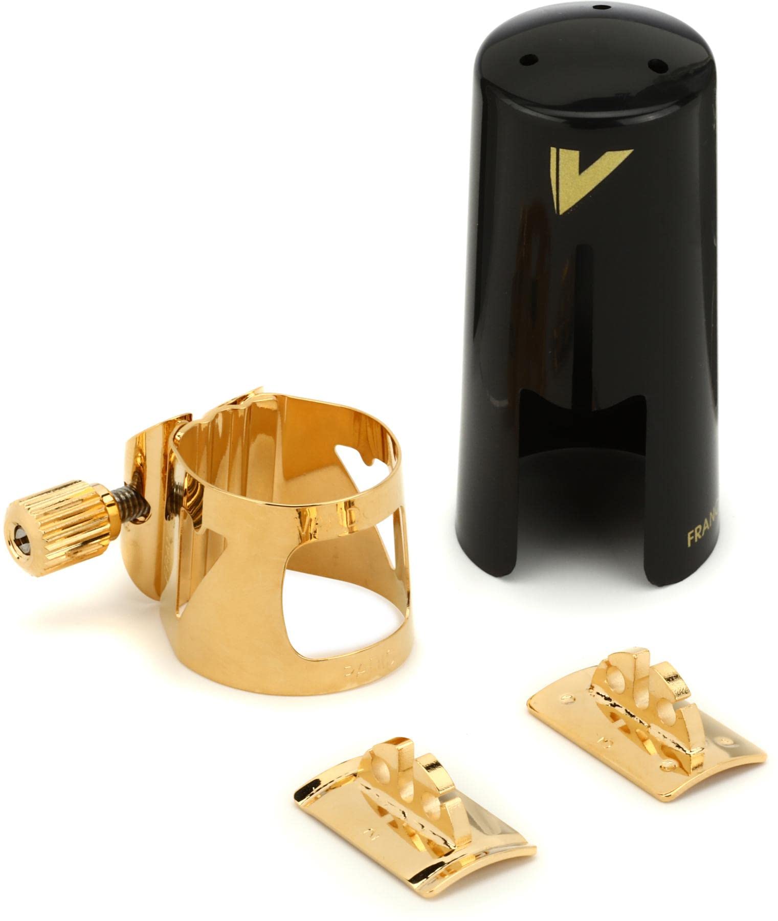 Vandoren LC06P Optimum Ligature & Plastic Cap for Soprano Saxophone - Gold Plated with 3 Interchangeable Pressure Plates, Black | Perfect for Jazz, Classical & Studio Performances